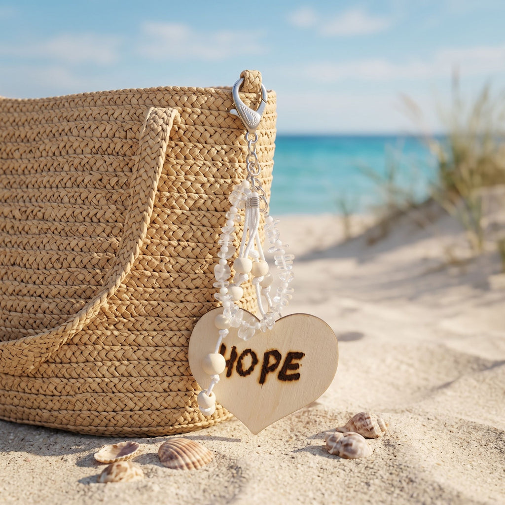 Handmade Hope bag charm attached to a natural woven beach bag, featuring genuine clear quartz chips, natural wooden beads, white knotted cords and a large wooden heart engraved with “HOPE”. The silver-tone clasp is attached to the bag, with seashells, sand and turquoise sea in the background creating a warm summer beach setting.