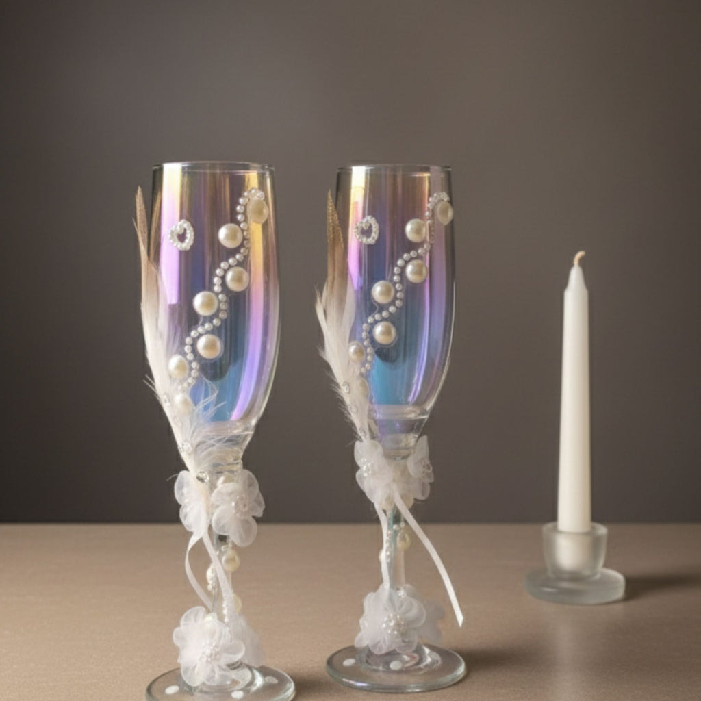Wedding Champagne Glasses with Pearls, Feathers & Floral Details – Handmade Romantic Bridal Toast Set – Pearl Romance