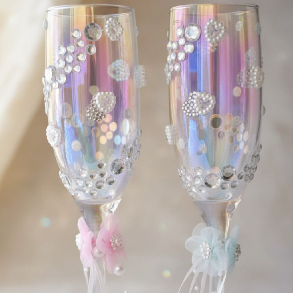 Wedding Champagne Glasses with Rhinestones, Pearls & Floral Details – Handmade Romantic Bridal Toast Set – Nova Petal