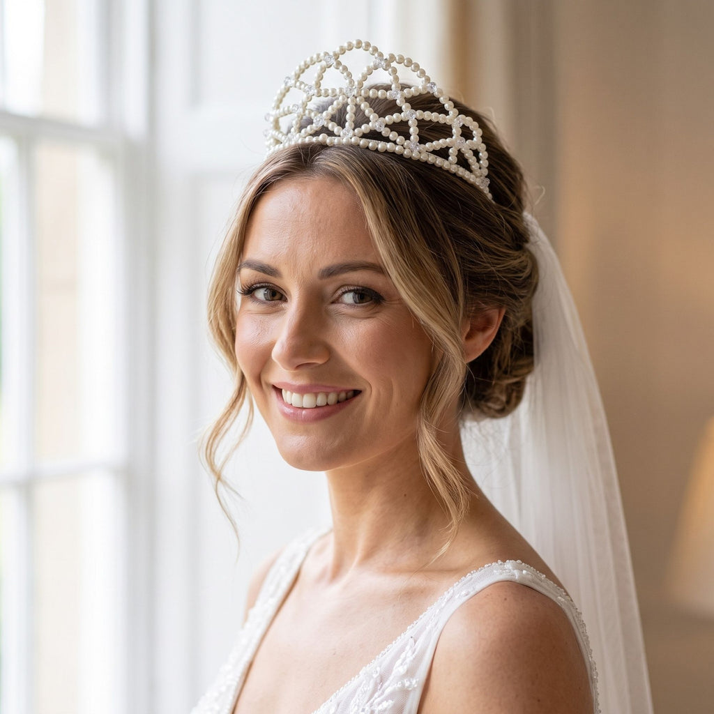 Smiling bride wearing the handmade Ivory Dream pearl bridal crown with ivory pearls and clear crystal beads, paired with an elegant wedding veil.