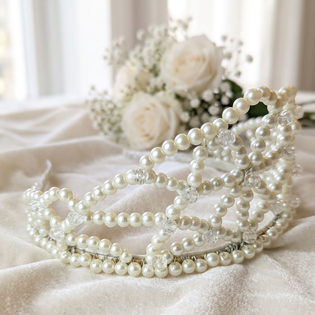 Close-up of the handmade Ivory Dream pearl bridal crown with ivory pearls and clear crystal beads, displayed on soft fabric with white roses in the background.