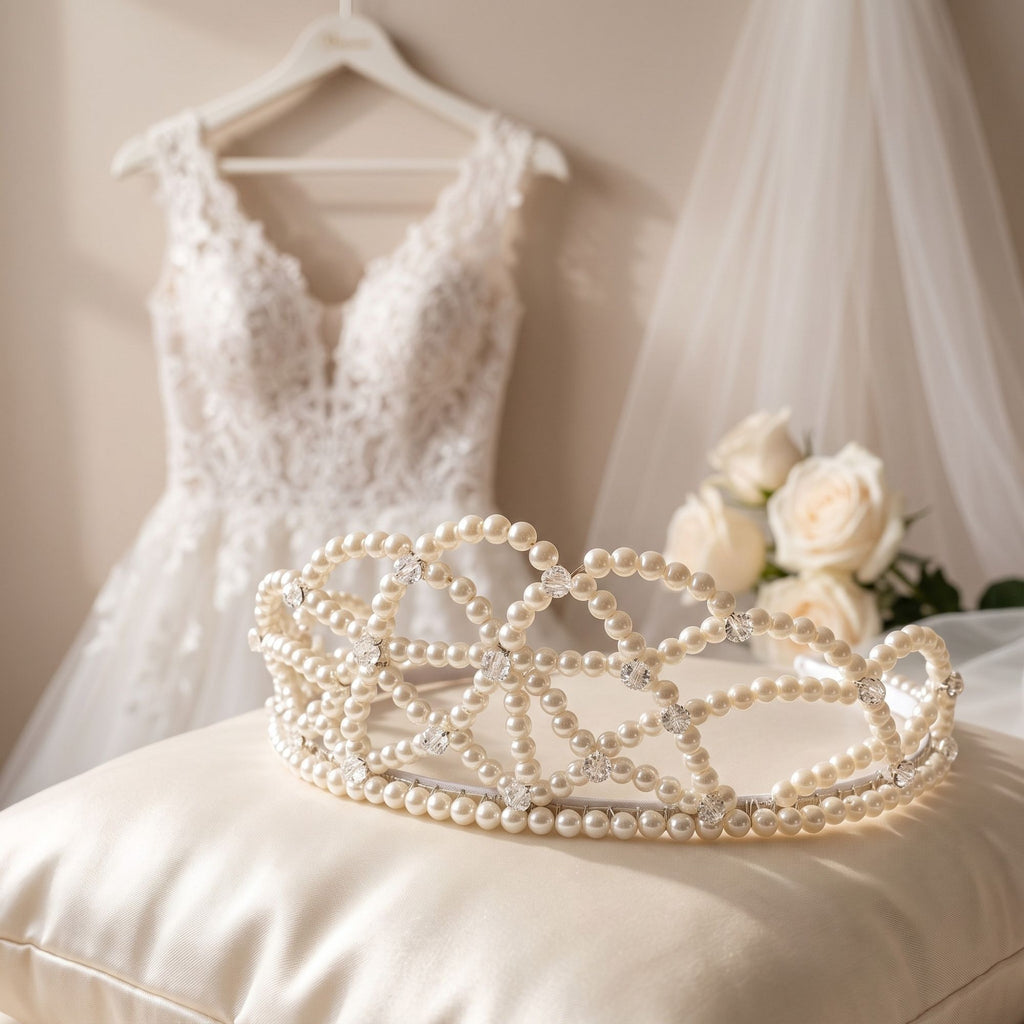 Handmade Ivory Dream pearl bridal crown with ivory pearls and clear crystal beads, displayed on a satin cushion with a wedding dress, veil and white roses in the background.