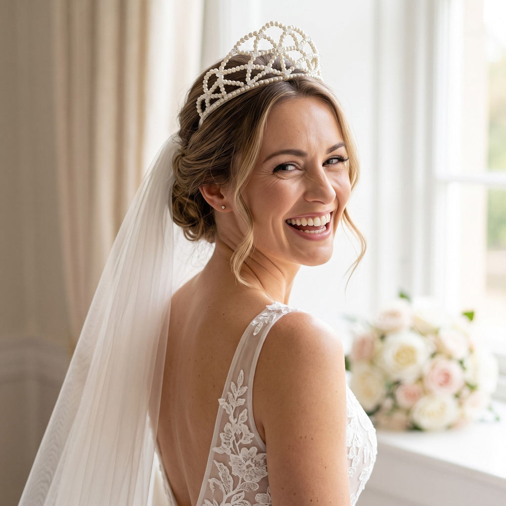 Smiling bride wearing the handmade Ivory Dream pearl crown with ivory and clear crystal beads, styled with an elegant bridal updo and wedding veil.