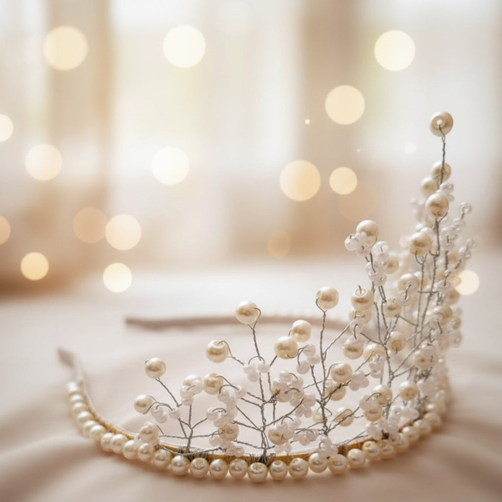White Pearl Bridal Crown – Handmade Wedding Hair Accessory – White Grace