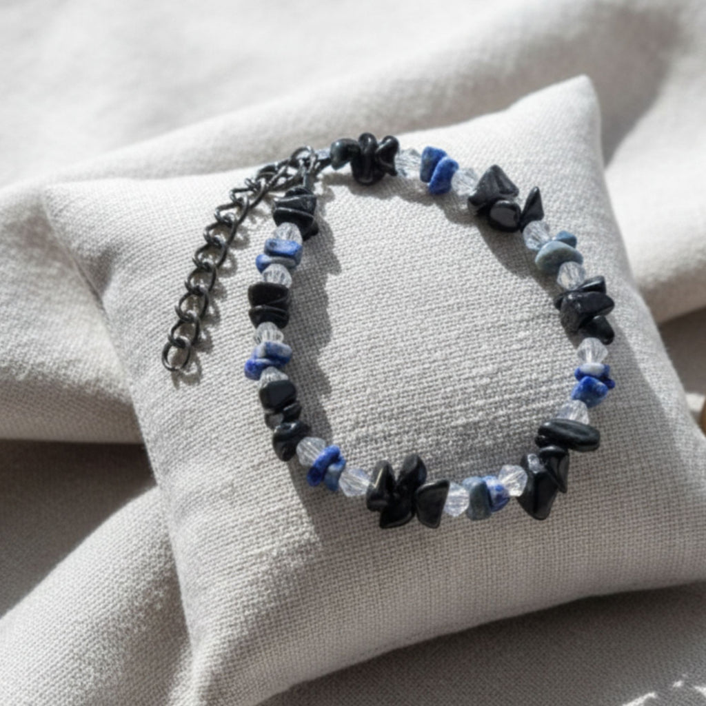 Handmade Black Gemstone Bracelet with Subtle Crystal Accents – Midnight Guard