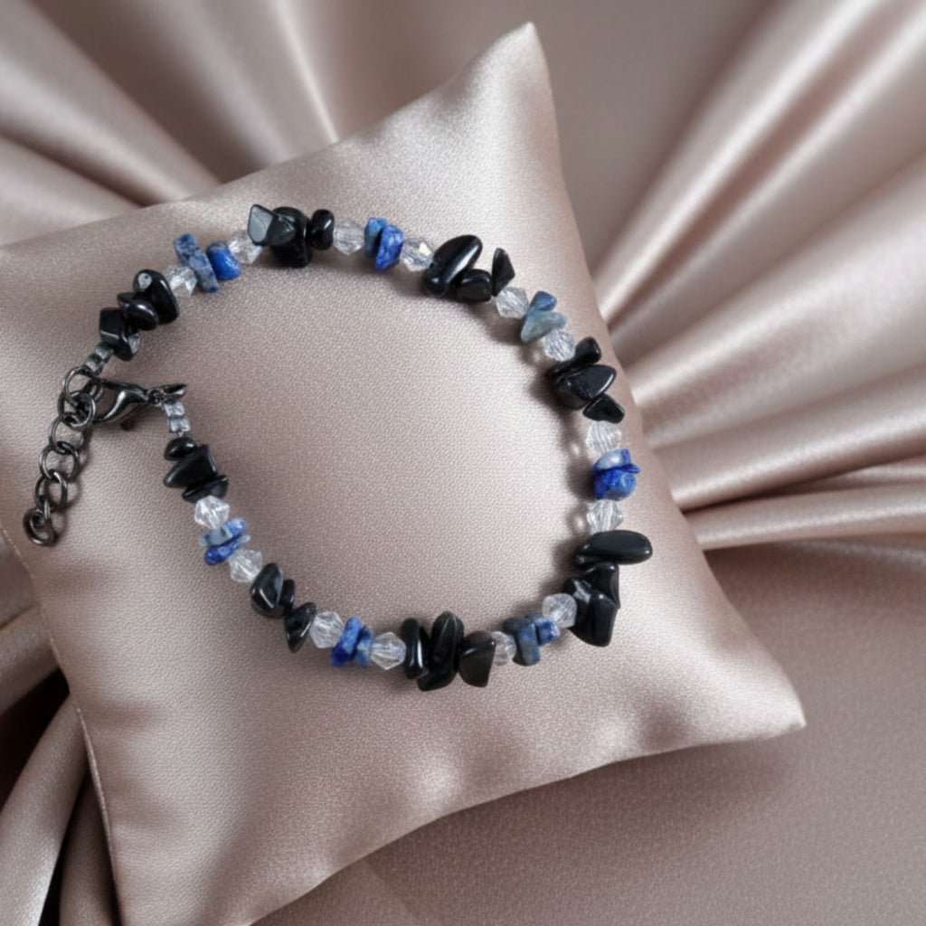Handmade Black Gemstone Bracelet with Subtle Crystal Accents – Midnight Guard