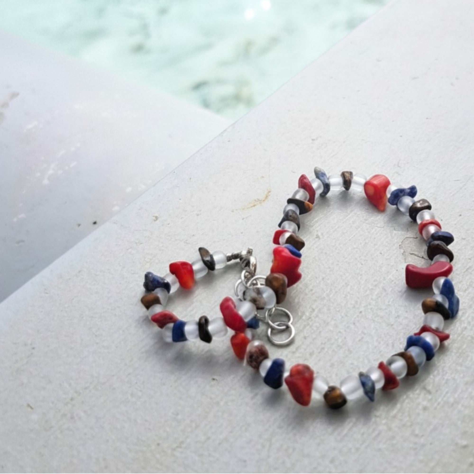 Coral, Onyx & Tiger’s Eye Anklet – Handmade Summer Gemstone Jewelry – Colors of the Sea