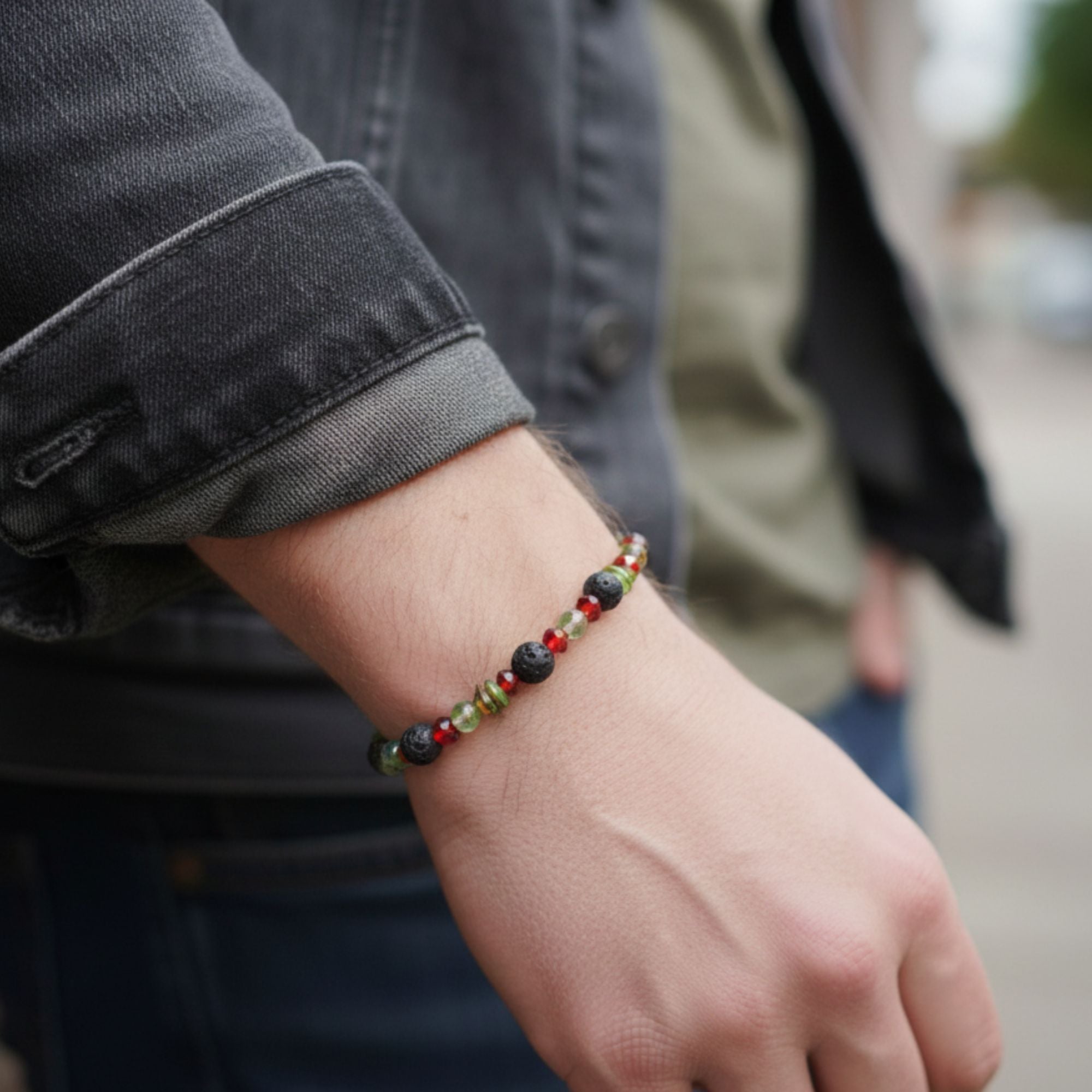 Lava, Tiger’s Eye & Peridot Gemstone Bracelet – Unisex Handmade Jewelry – Flame of the Earth