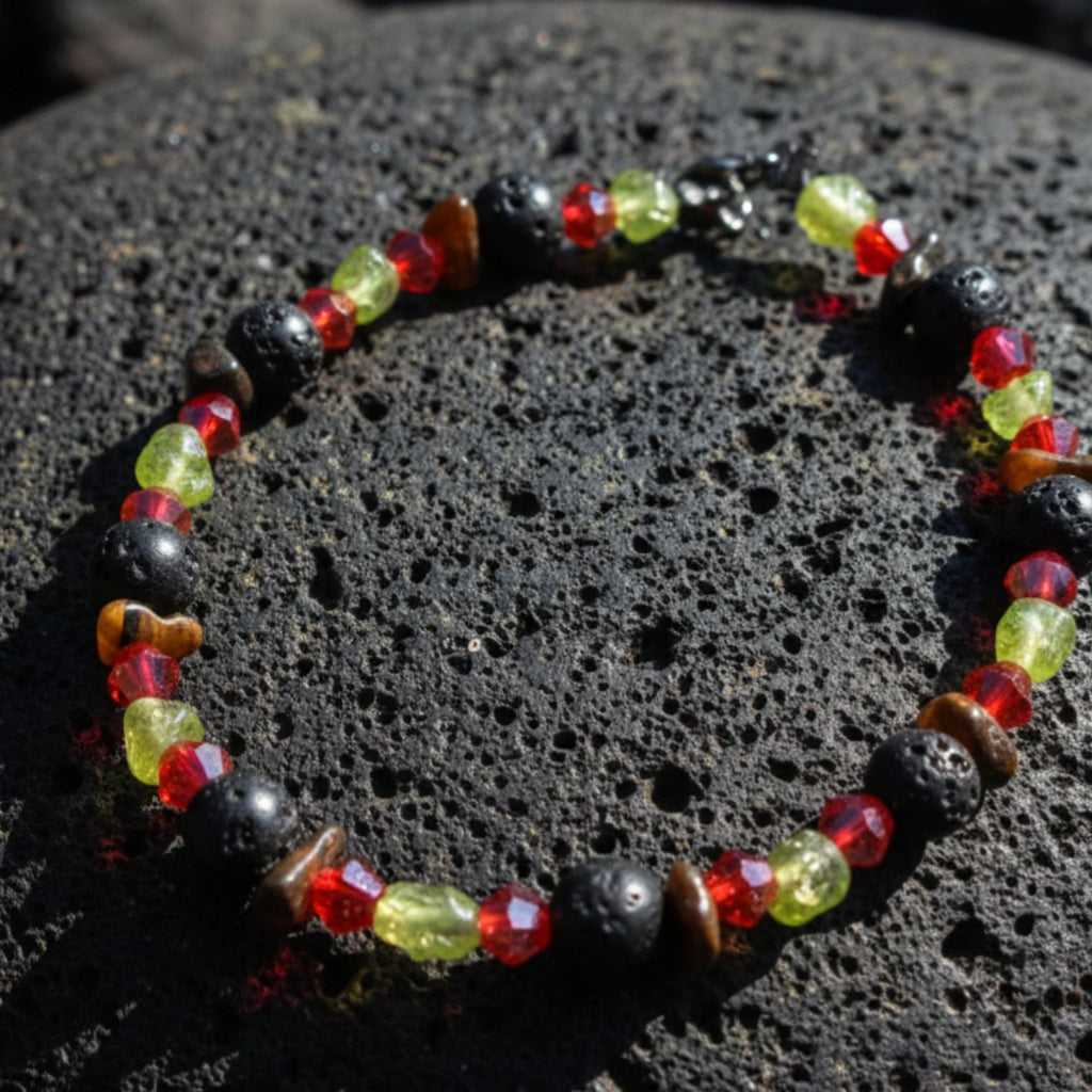 Lava, Tiger’s Eye & Peridot Gemstone Bracelet – Unisex Handmade Jewelry – Flame of the Earth