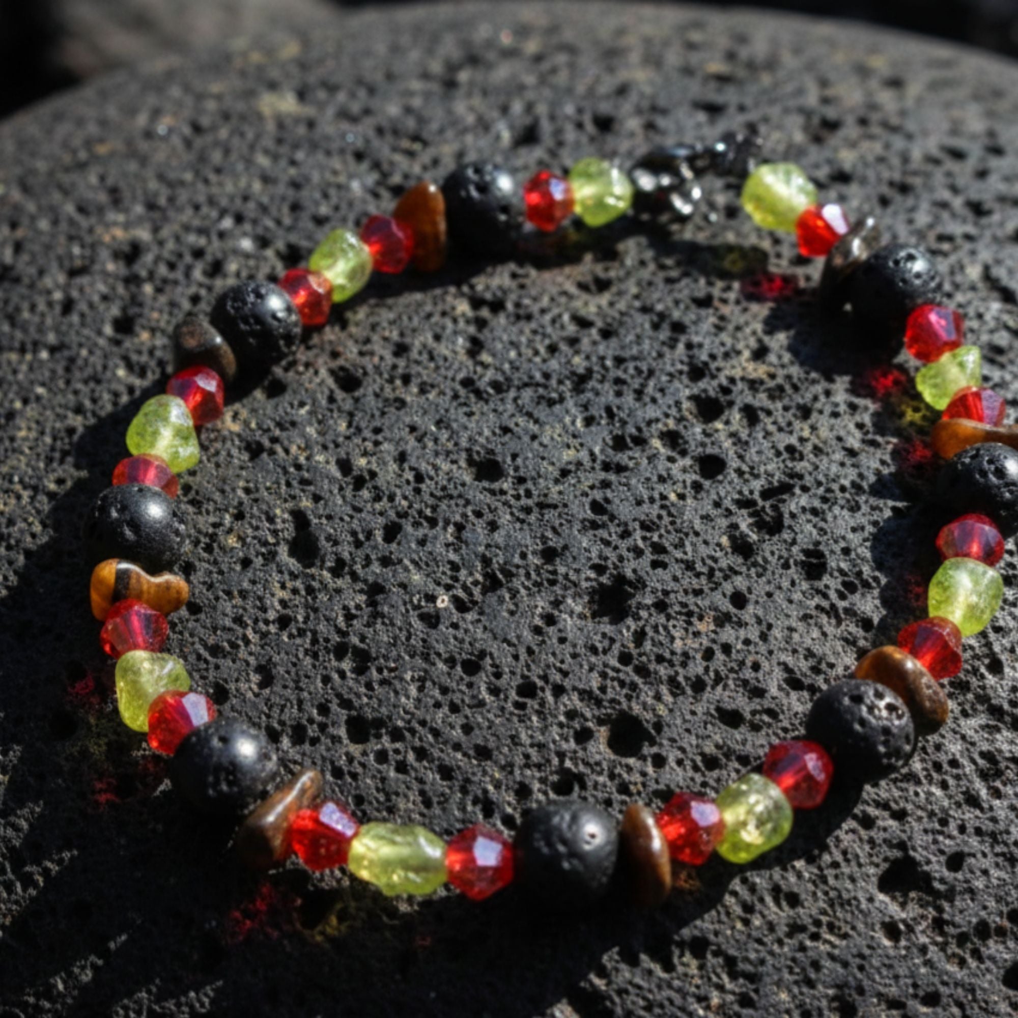 Lava, Tiger’s Eye & Peridot Gemstone Bracelet – Unisex Handmade Jewelry – Flame of the Earth