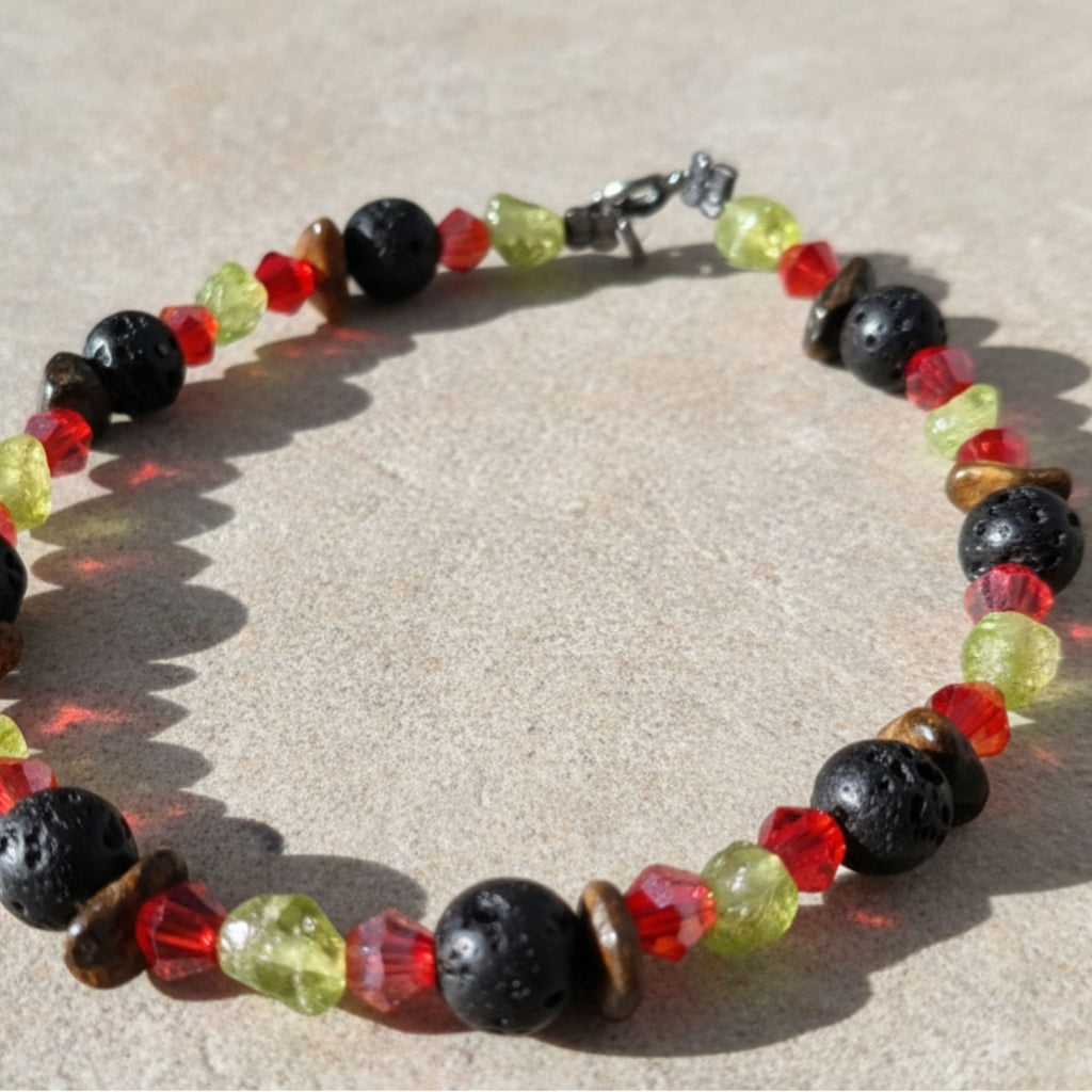 Lava, Tiger’s Eye & Peridot Gemstone Bracelet – Unisex Handmade Jewelry – Flame of the Earth
