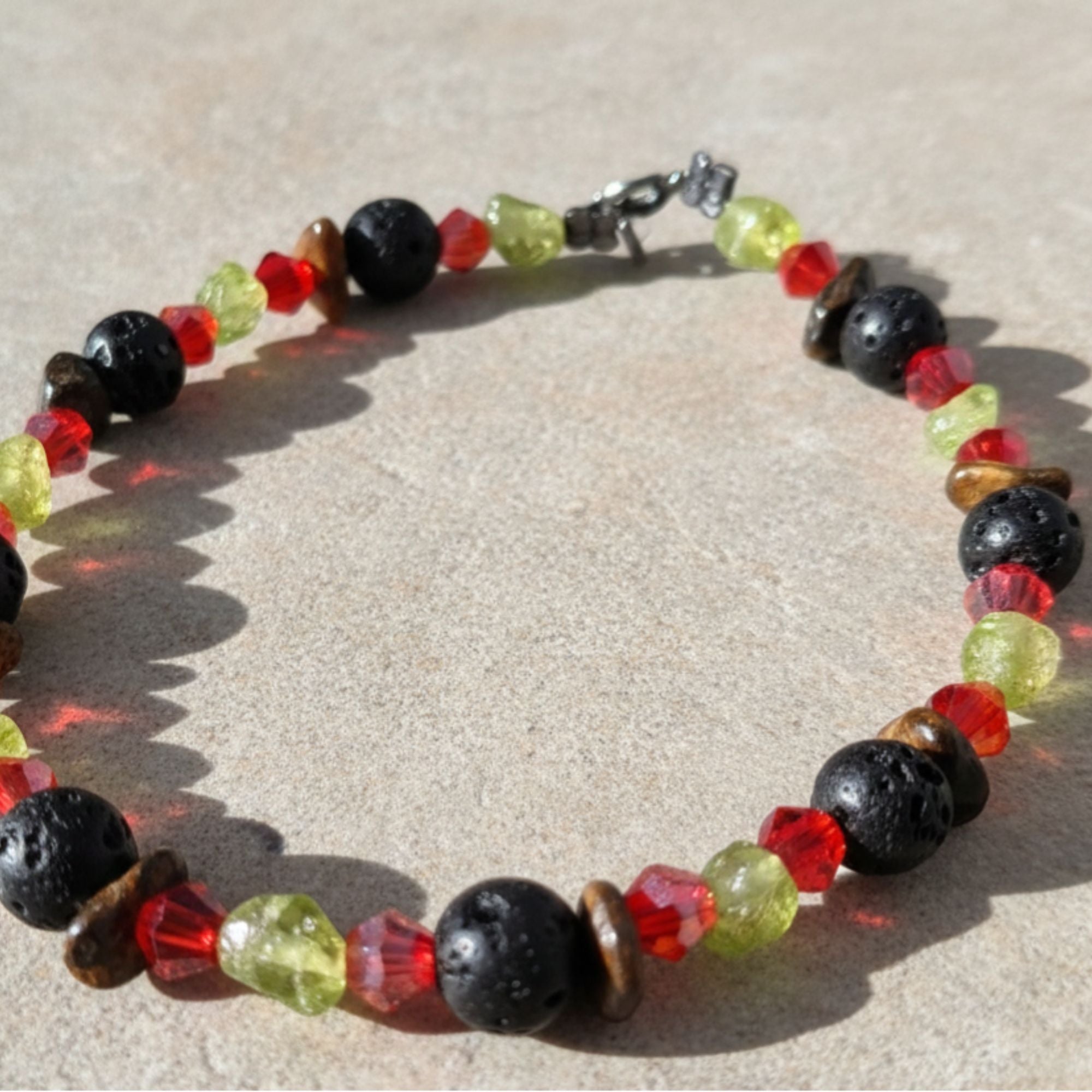 Lava, Tiger’s Eye & Peridot Gemstone Bracelet – Unisex Handmade Jewelry – Flame of the Earth