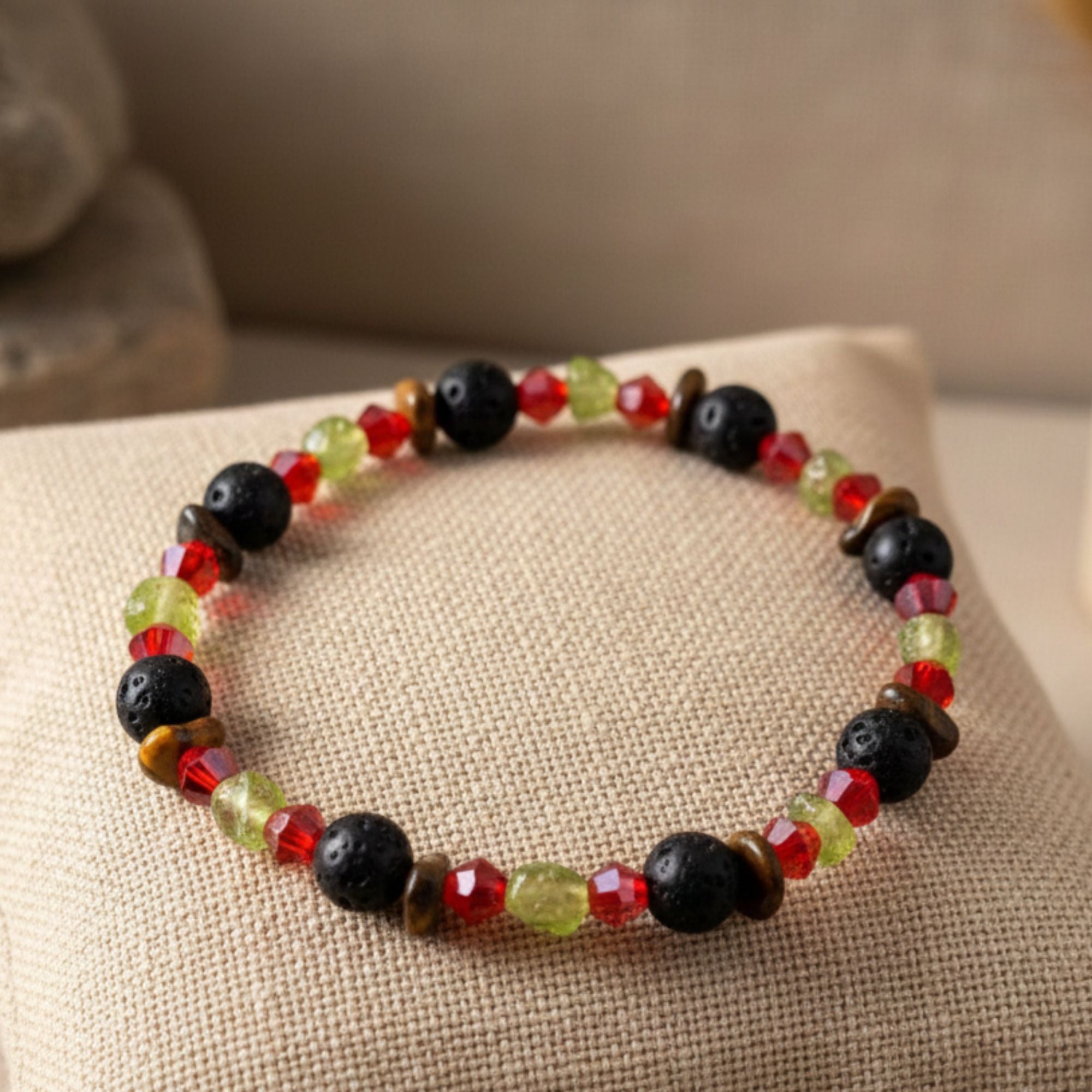 Lava, Tiger’s Eye & Peridot Gemstone Bracelet – Unisex Handmade Jewelry – Flame of the Earth