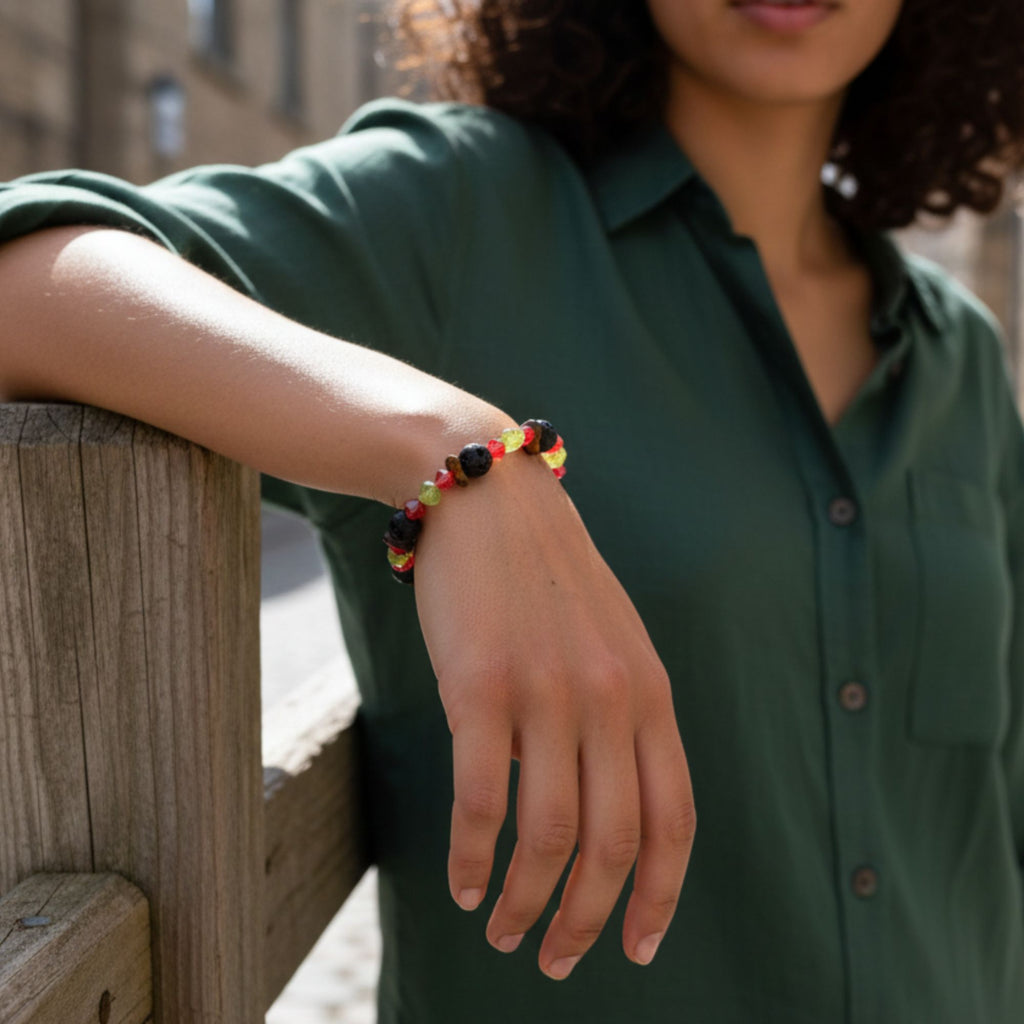 Lava, Tiger’s Eye & Peridot Gemstone Bracelet – Unisex Handmade Jewelry – Flame of the Earth