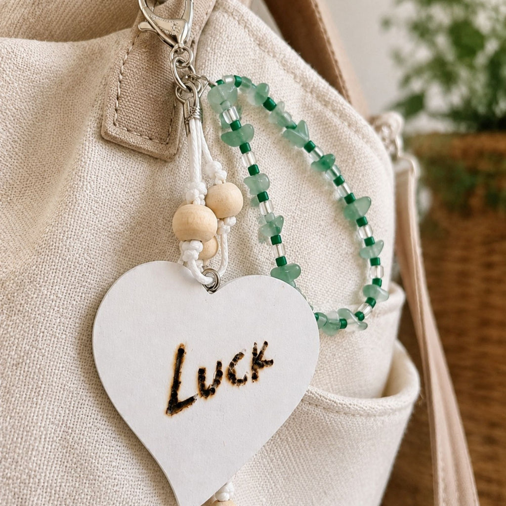 Handmade LUCK bag charm attached to a beige fabric handbag, featuring green aventurine chips, dark green and clear glass beads, natural wooden beads and white cord. A large white wooden heart with the hand-burned word “LUCK” completes the design, finished with a silver-colored lobster clasp.