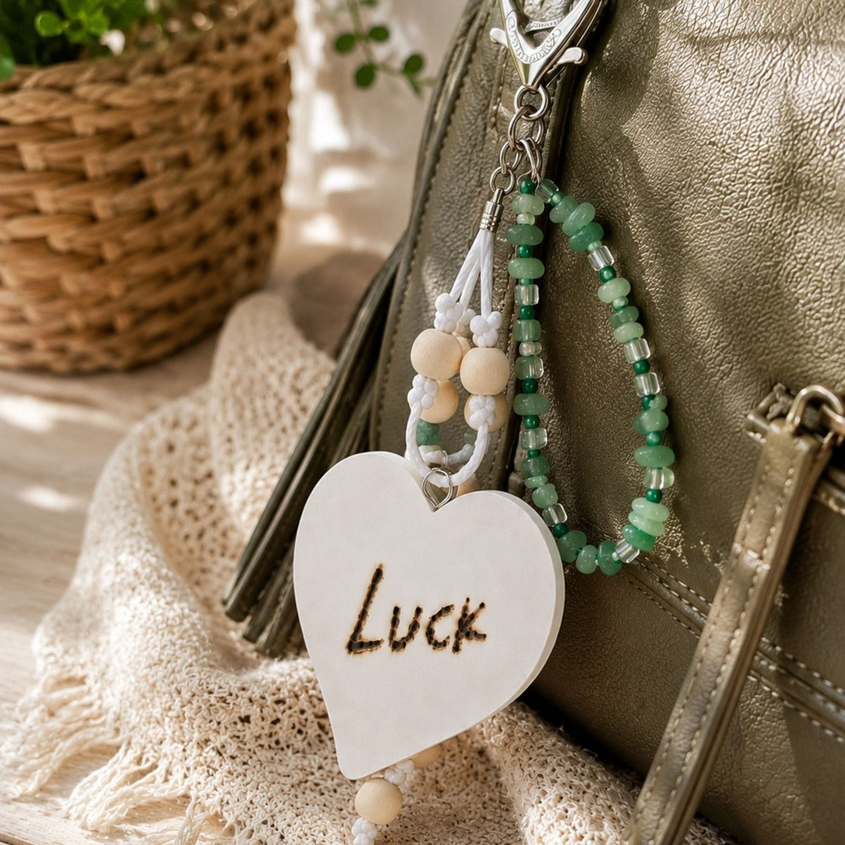Handmade LUCK bag charm attached to an olive green handbag, featuring natural green aventurine chips, dark green and clear glass beads, wooden beads and white cord. A large white wooden heart with the hand-burned word “LUCK” hangs below, finished with a silver-colored lobster clasp.