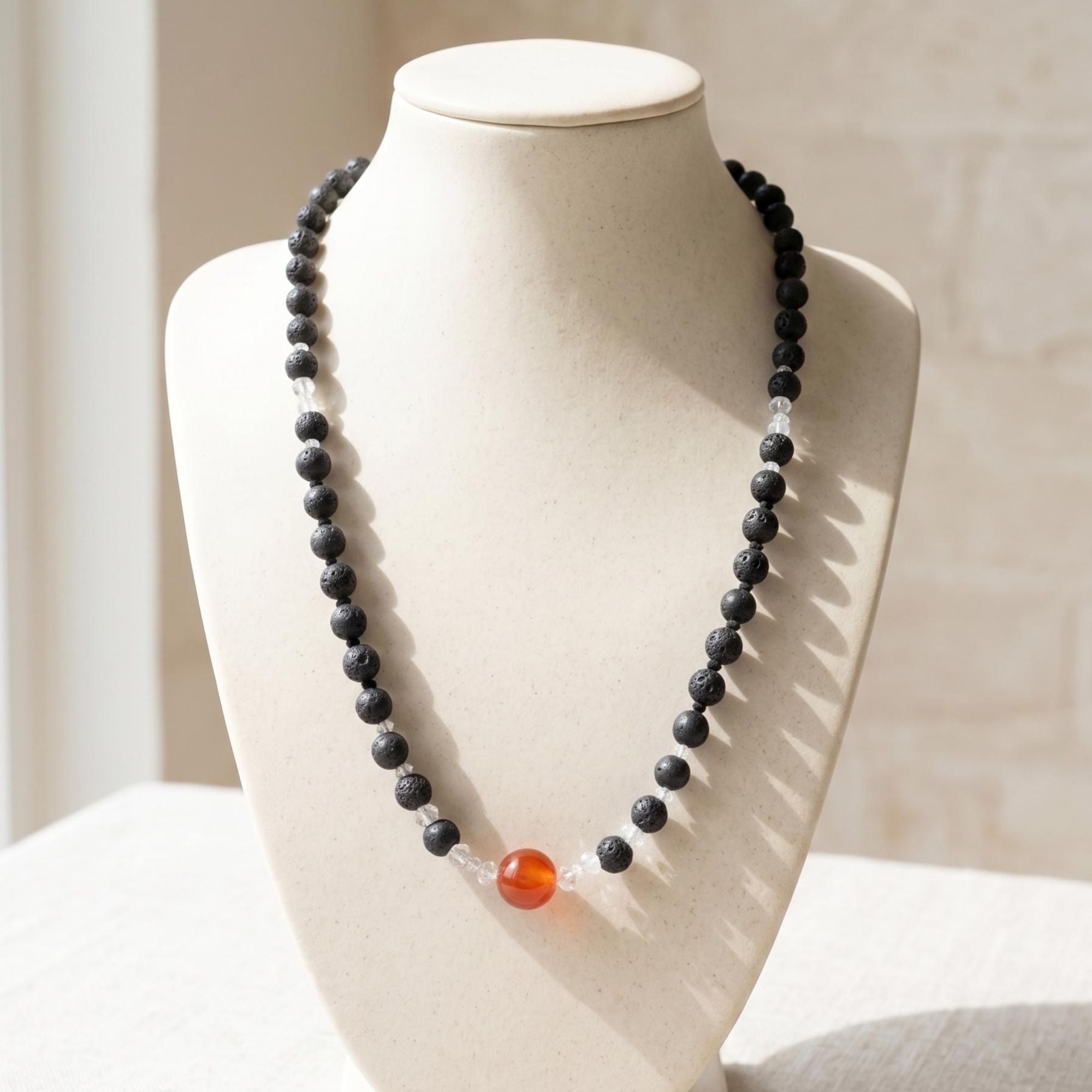 Black Lava Stone Necklace with Red Jasper – Minimalist Handmade Jewelry – Luma