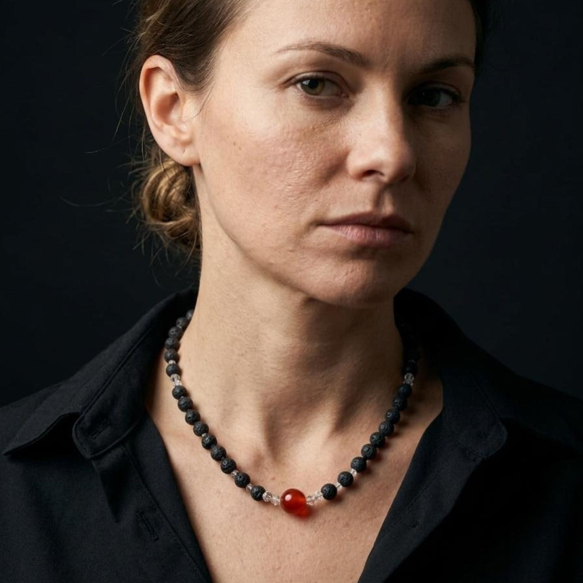Black Lava Stone Necklace with Red Jasper – Minimalist Handmade Jewelry – Luma
