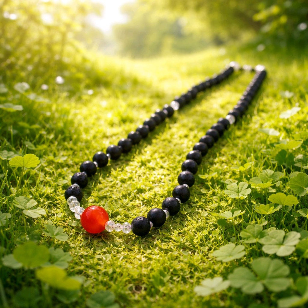 Black Lava Stone Necklace with Red Jasper – Minimalist Handmade Jewelry – Luma