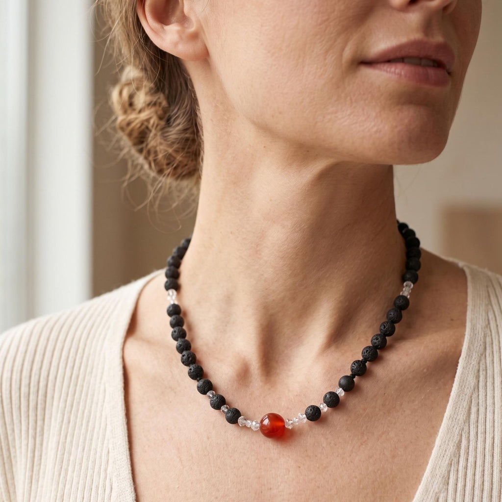 Black Lava Stone Necklace with Red Jasper – Minimalist Handmade Jewelry – Luma