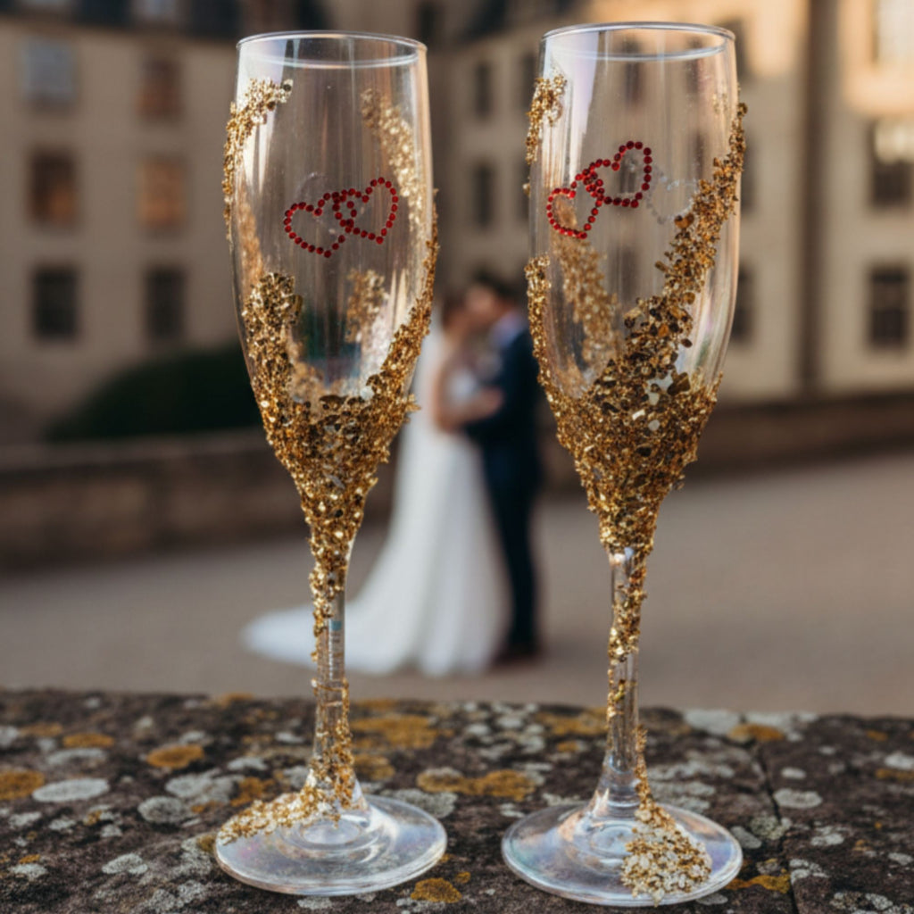Wedding Champagne Glasses with Red Hearts & Golden Details – Handmade Romantic Bridal Toast Set – Heart of Gold