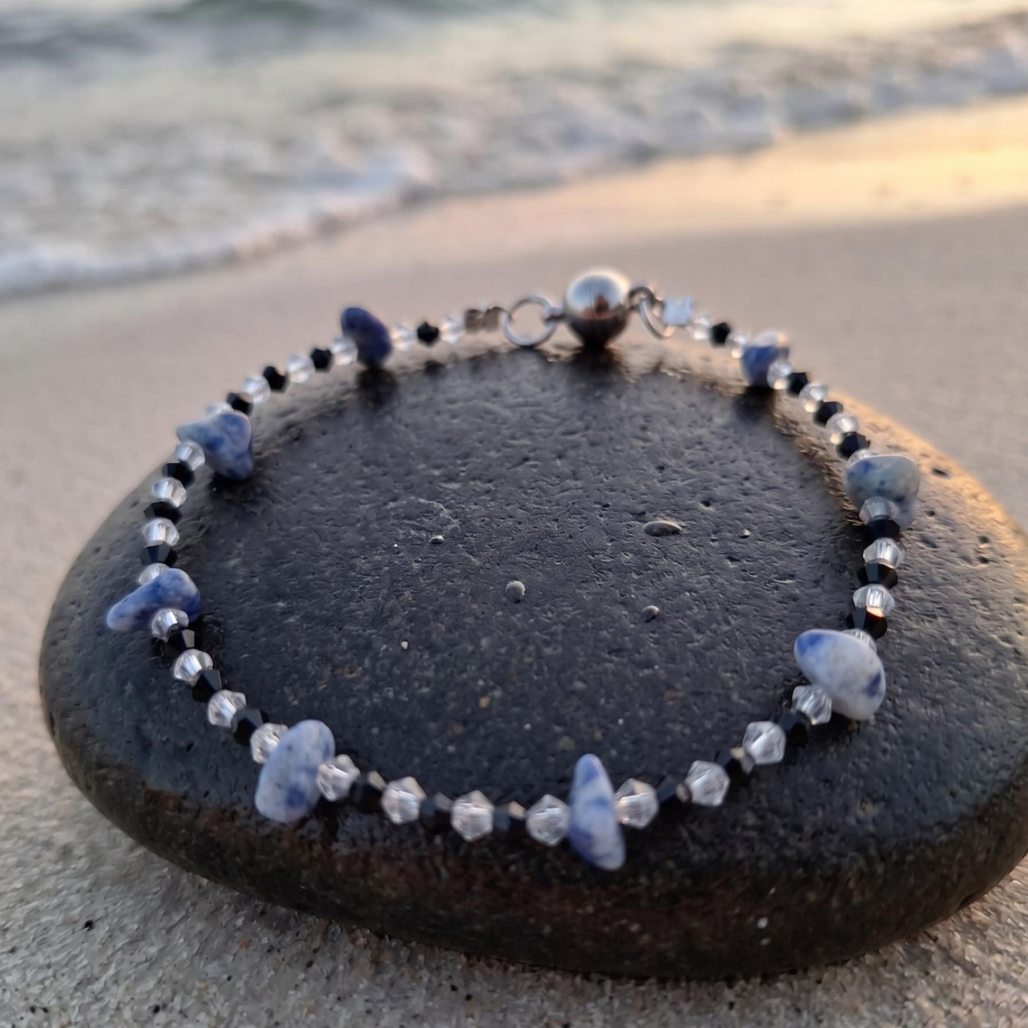 Sodalite & Glass Bead Bracelet with Magnetic Clasp – Calm & Elegant Ocean Jewelry – Maris