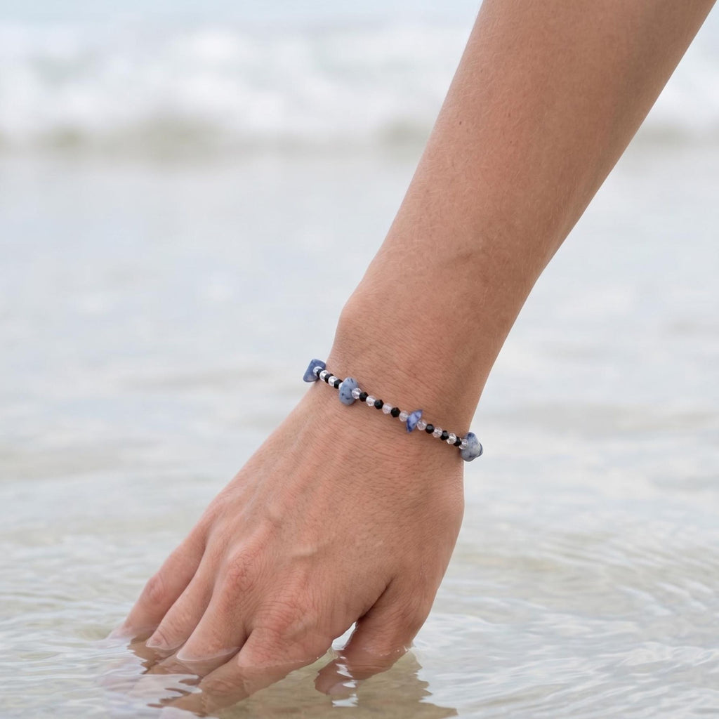 Sodalite & Glass Bead Bracelet with Magnetic Clasp – Calm & Elegant Ocean Jewelry – Maris