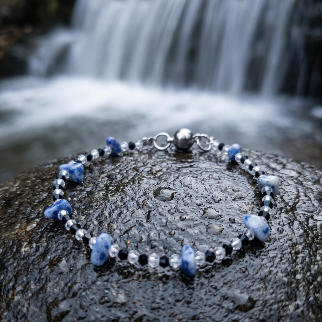 Sodalite & Glass Bead Bracelet with Magnetic Clasp – Calm & Elegant Ocean Jewelry – Maris