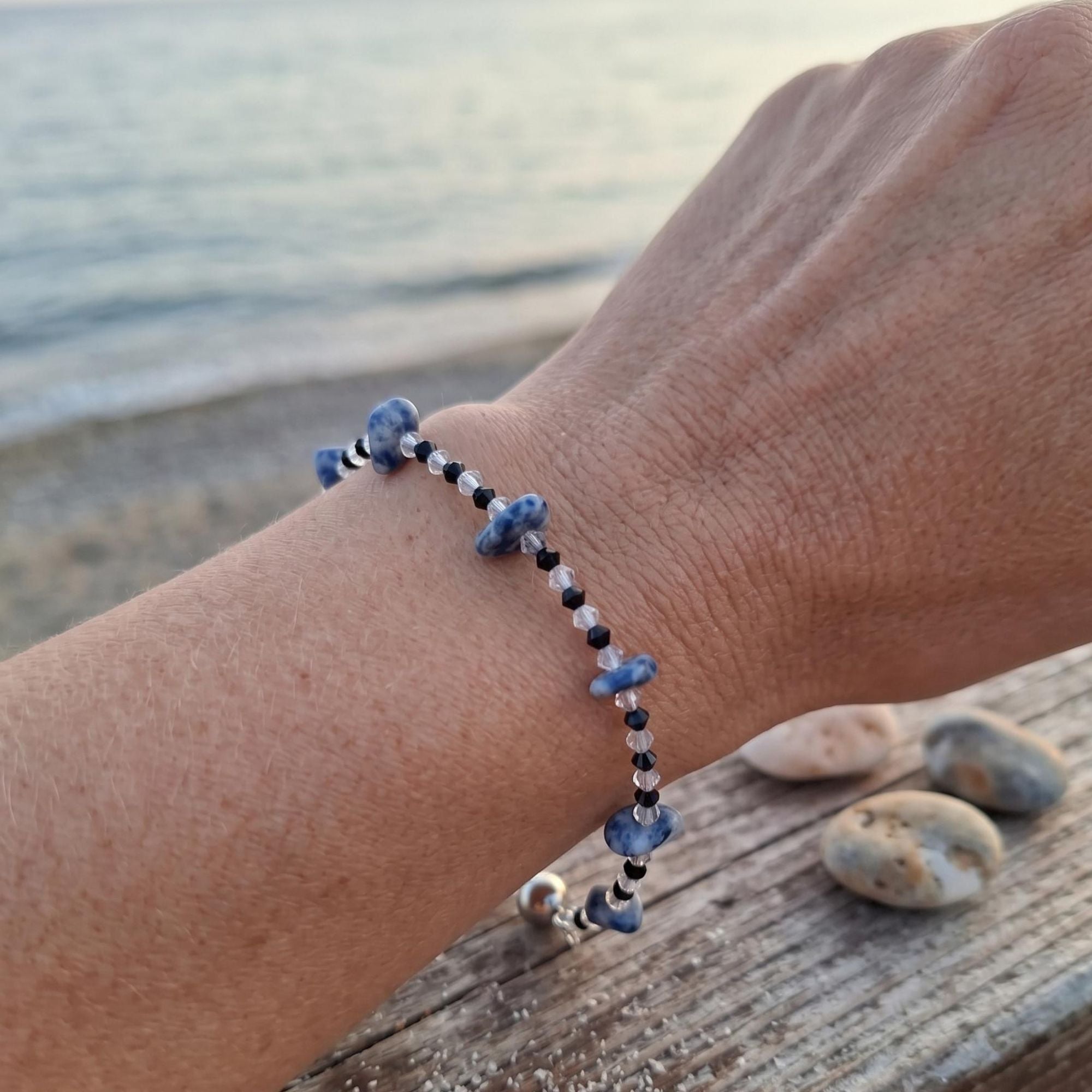Sodalite & Glass Bead Bracelet with Magnetic Clasp – Calm & Elegant Ocean Jewelry – Maris