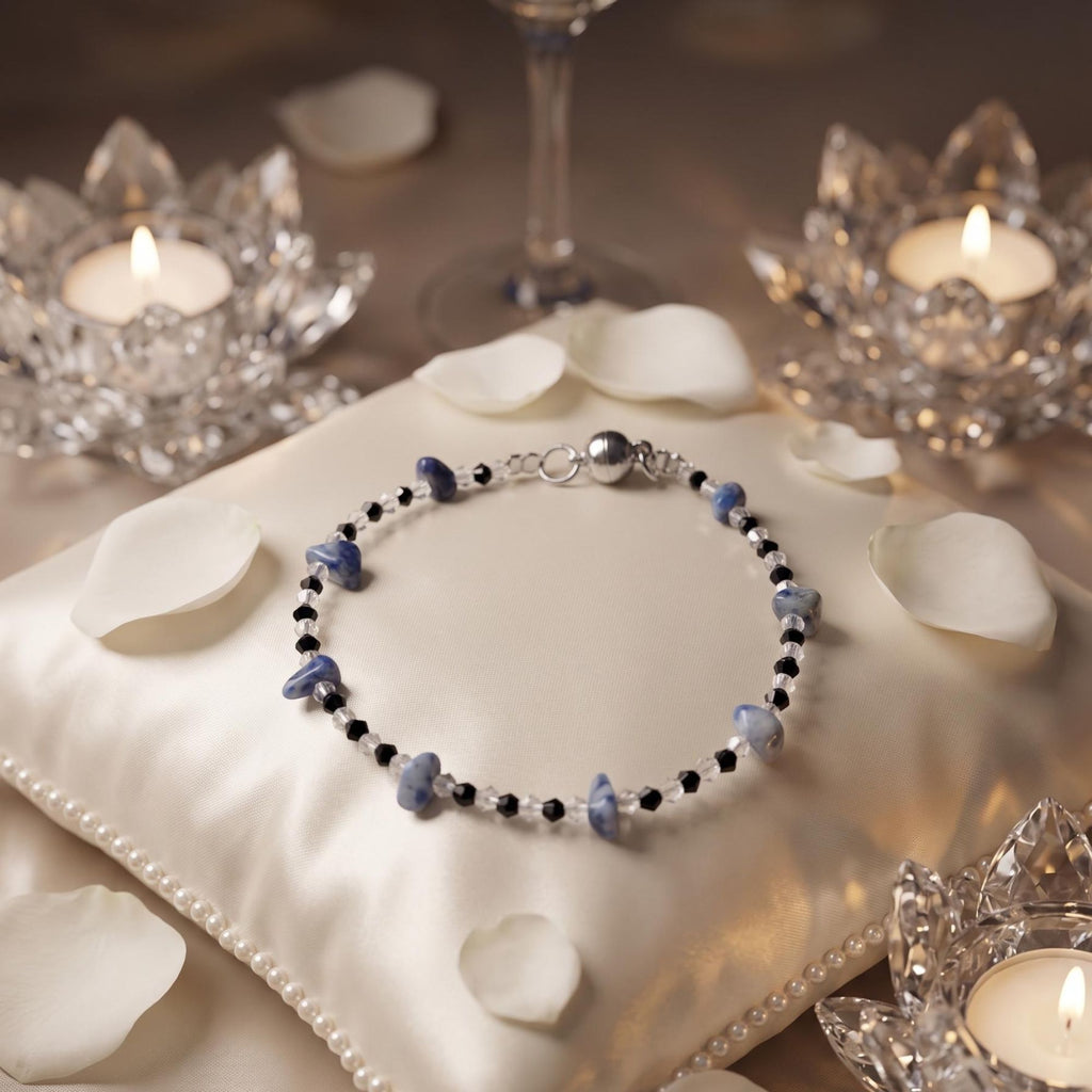 Sodalite & Glass Bead Bracelet with Magnetic Clasp – Calm & Elegant Ocean Jewelry – Maris