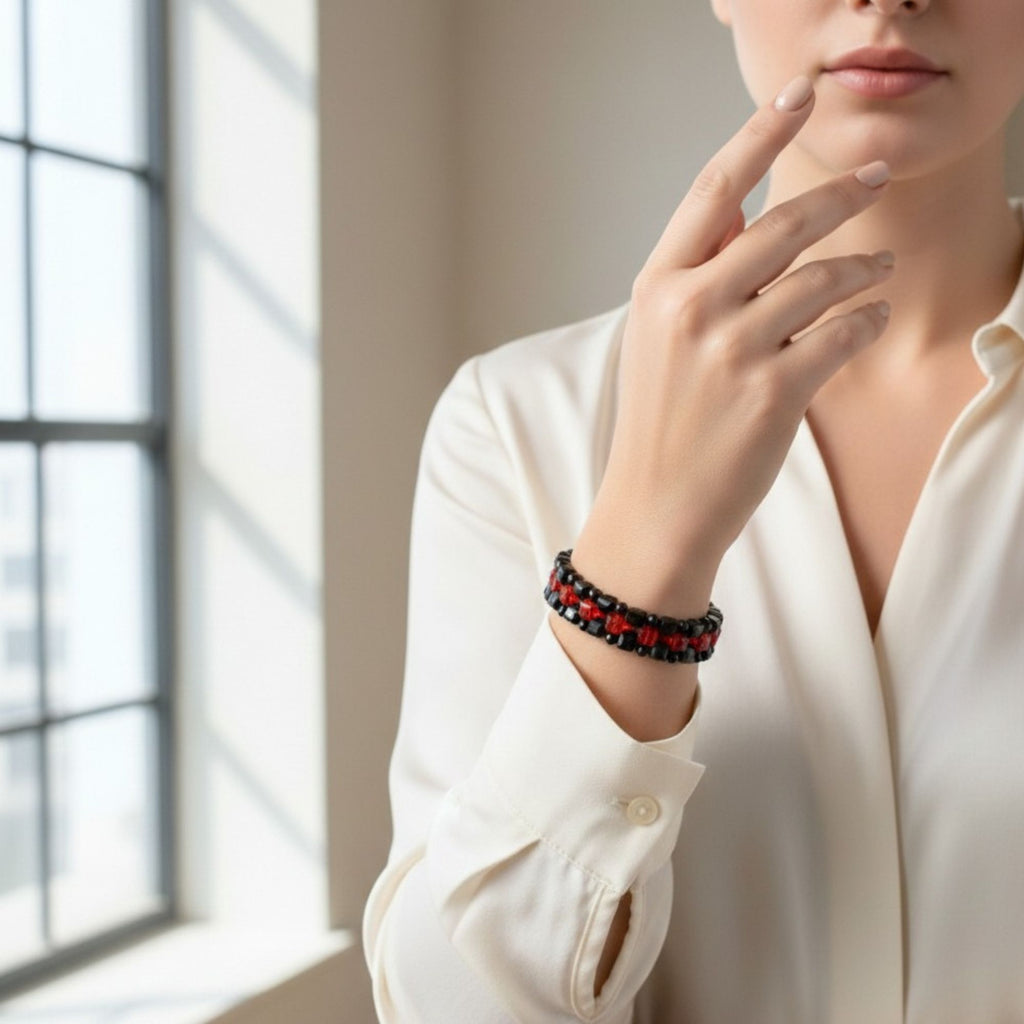 Black & Red Glass Bead Bracelet – Midnight Ruby