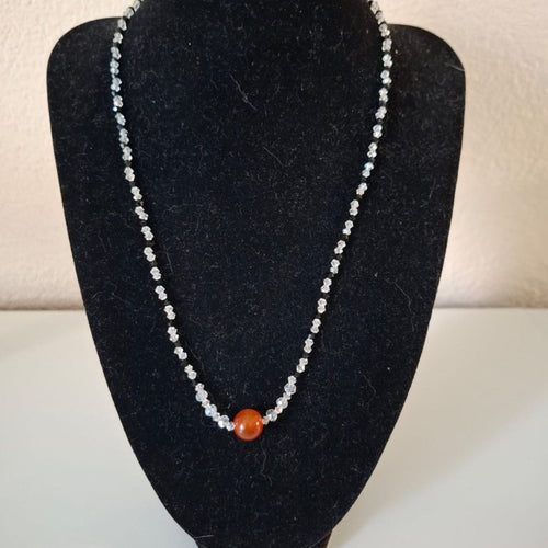 Black Glass Bead Necklace with Carnelian – Elegant Minimalist Handmade Jewelry – Arctarus