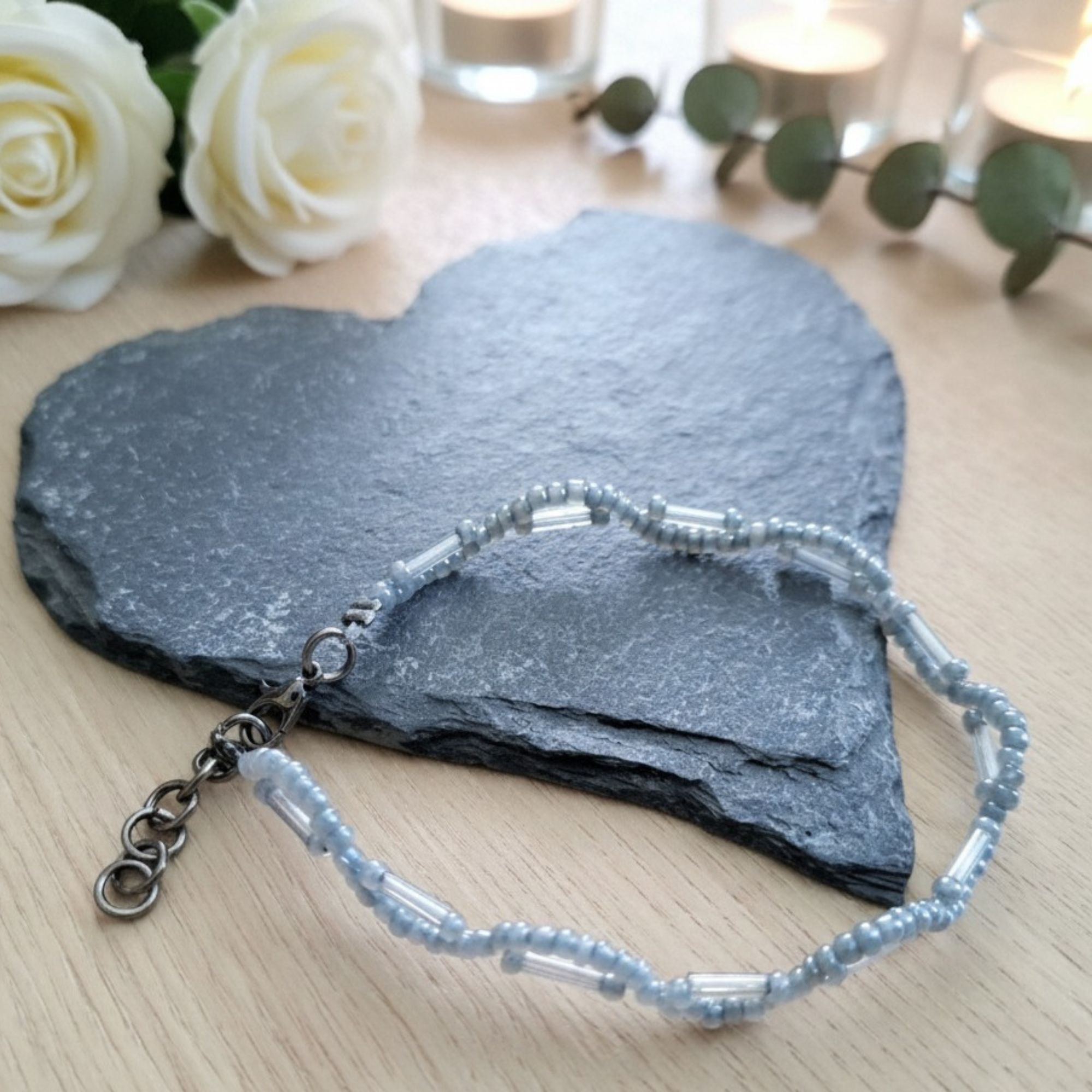 Delicate Light Grey Glass Bracelet – Handmade Jewelry – Nebula