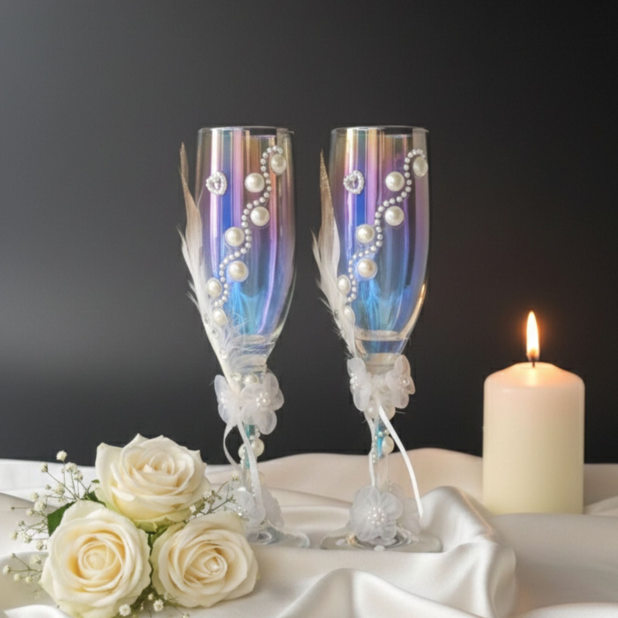 Wedding Champagne Glasses with Pearls, Feathers & Floral Details – Handmade Romantic Bridal Toast Set – Pearl Romance