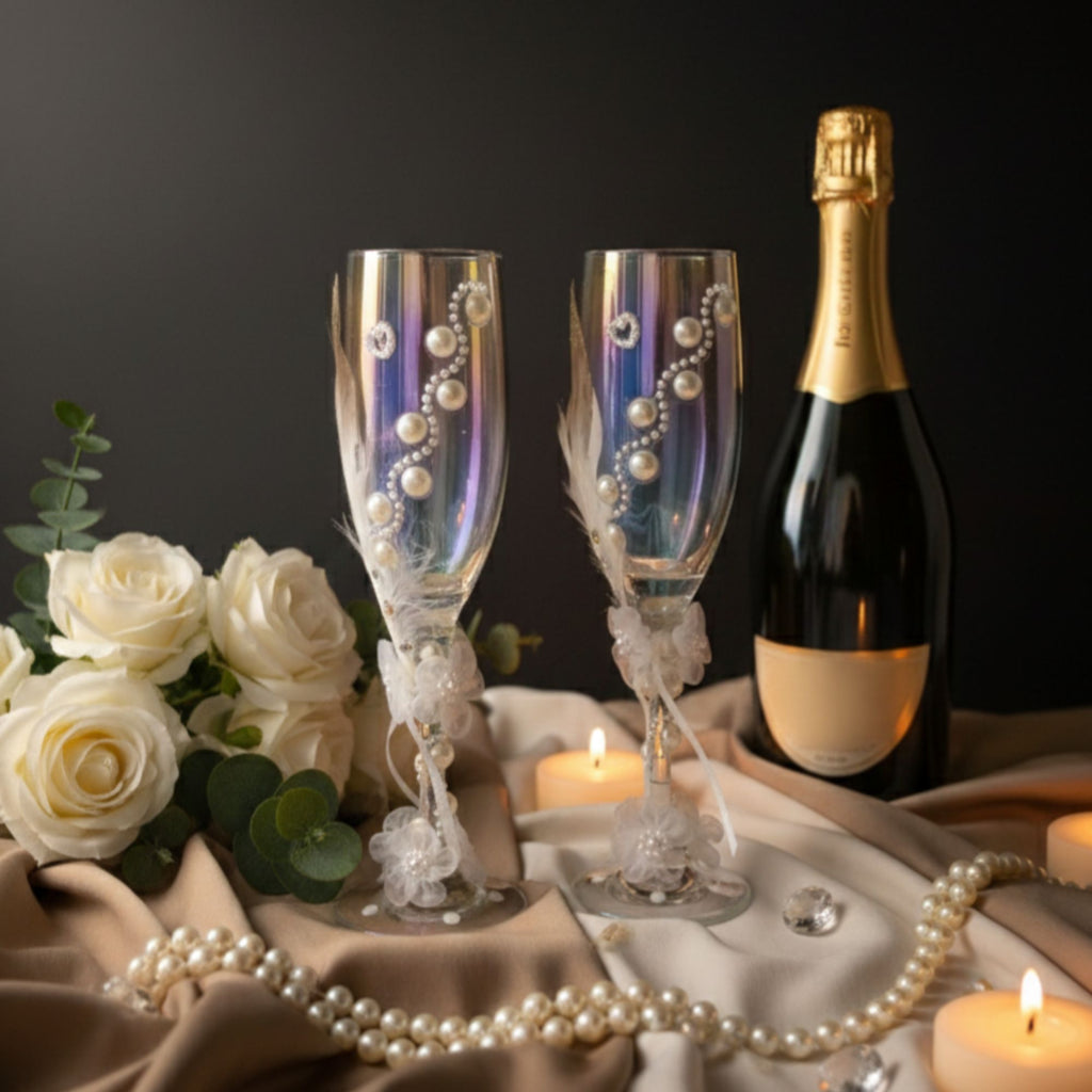 Wedding Champagne Glasses with Pearls, Feathers & Floral Details – Handmade Romantic Bridal Toast Set – Pearl Romance
