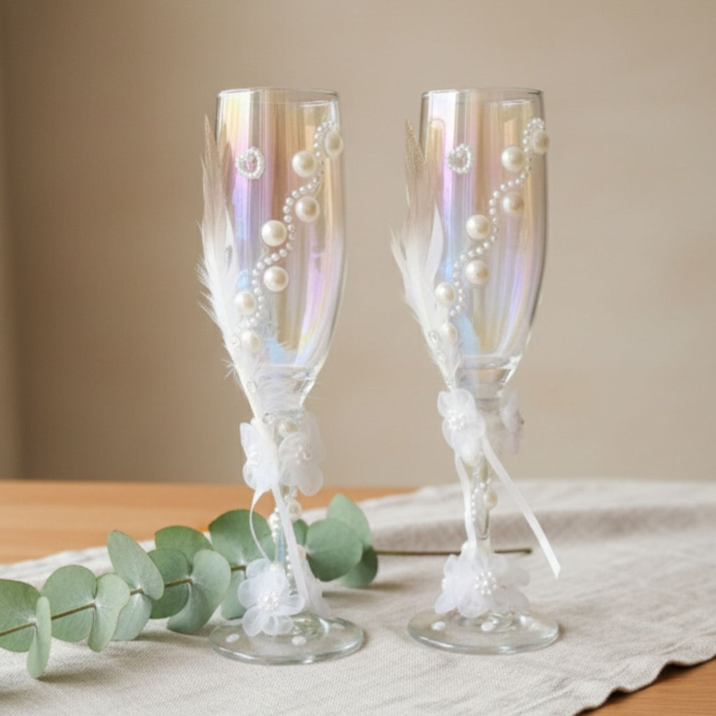 Wedding Champagne Glasses with Pearls, Feathers & Floral Details – Handmade Romantic Bridal Toast Set – Pearl Romance