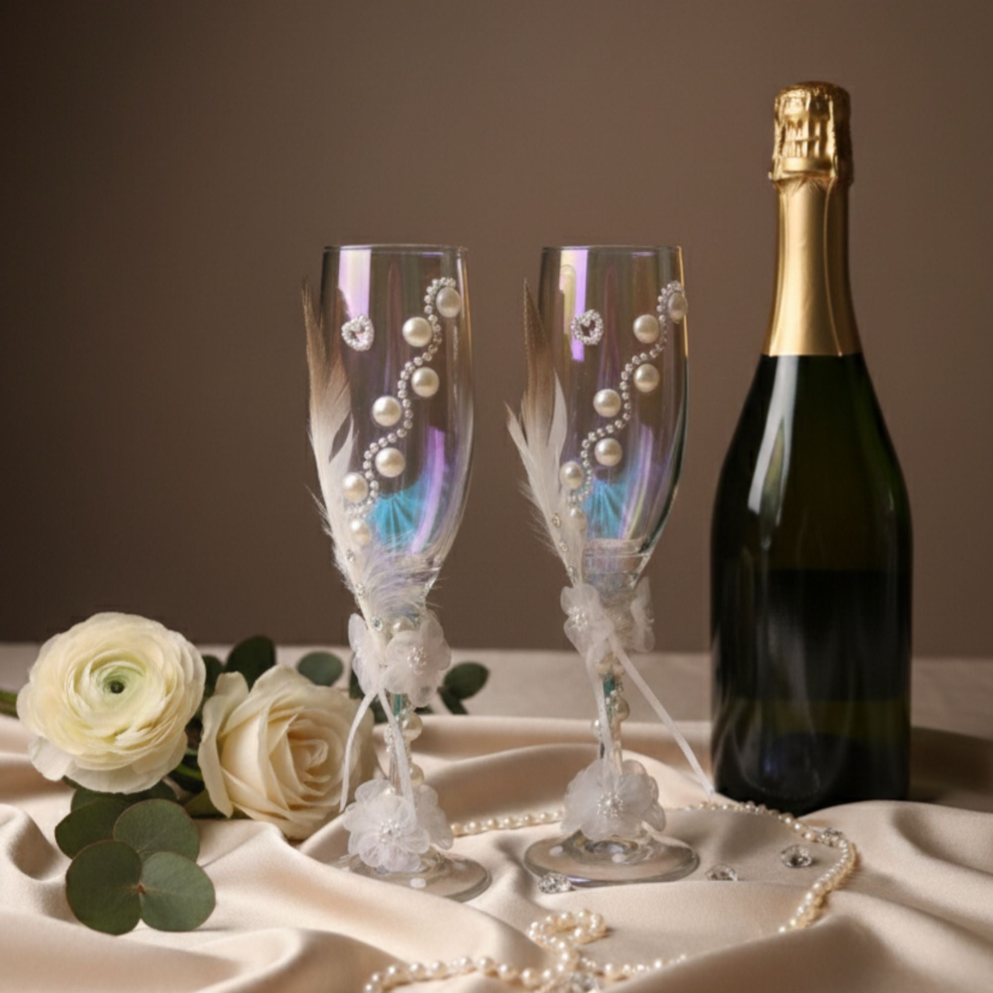 Wedding Champagne Glasses with Pearls, Feathers & Floral Details – Handmade Romantic Bridal Toast Set – Pearl Romance