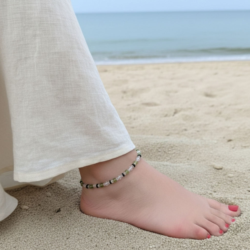 Peridot, Onyx & Crystal Anklet – Handmade Healing Gemstone Jewelry – Healing Steps