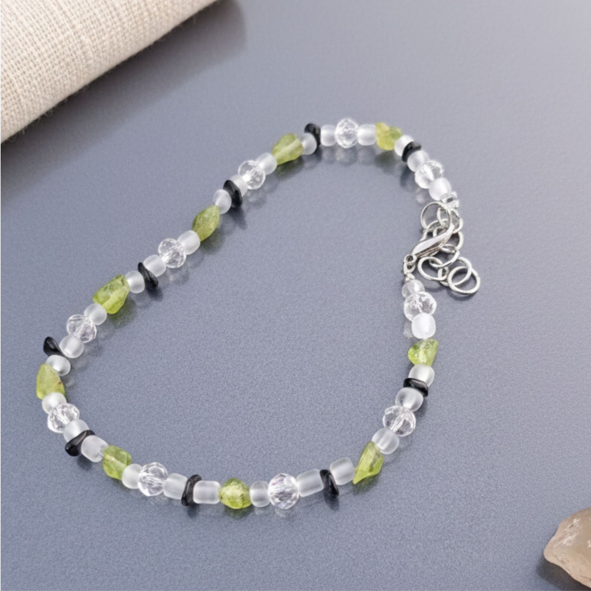 Peridot, Onyx & Crystal Anklet – Handmade Healing Gemstone Jewelry – Healing Steps