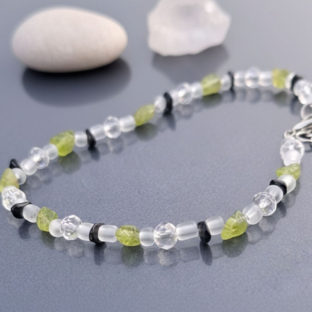 Peridot, Onyx & Crystal Anklet – Handmade Healing Gemstone Jewelry – Healing Steps