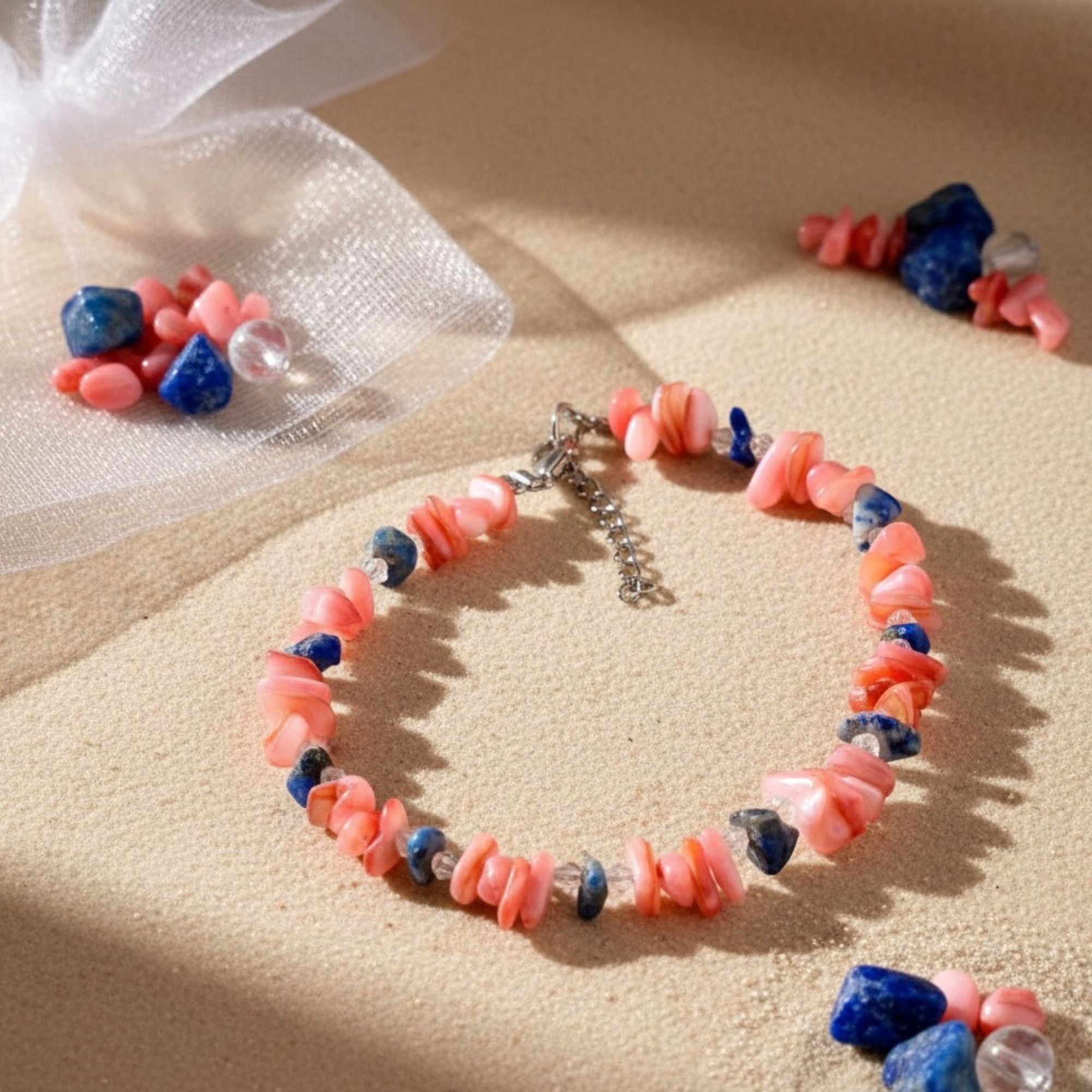 Coral & Lapis Lazuli Gemstone Bracelet – Handmade Ocean-Inspired Jewelry – Coral Blossom