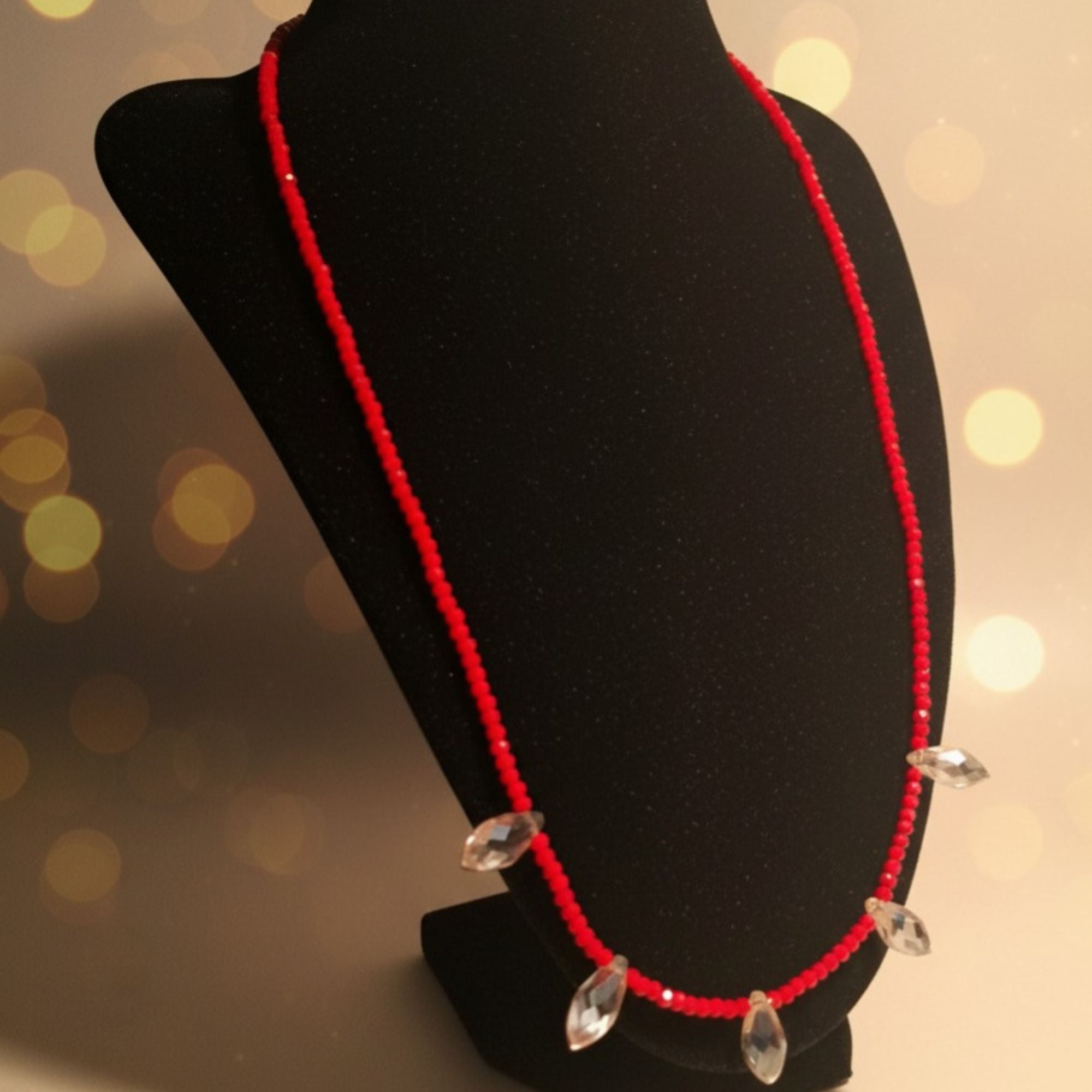 Red Glass Bead Necklace with Amber Drops – Rose Sunset