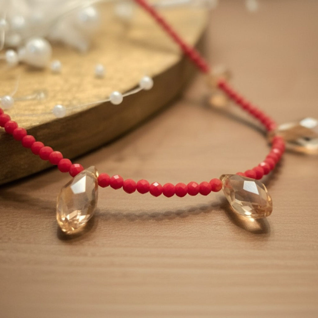 Red Glass Bead Necklace with Amber Drops – Rose Sunset