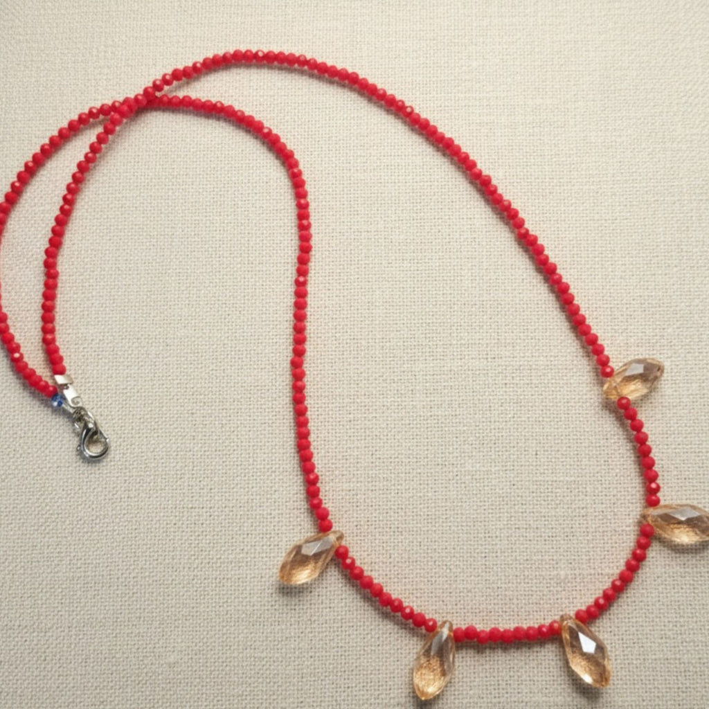 Red Glass Bead Necklace with Amber Drops – Rose Sunset
