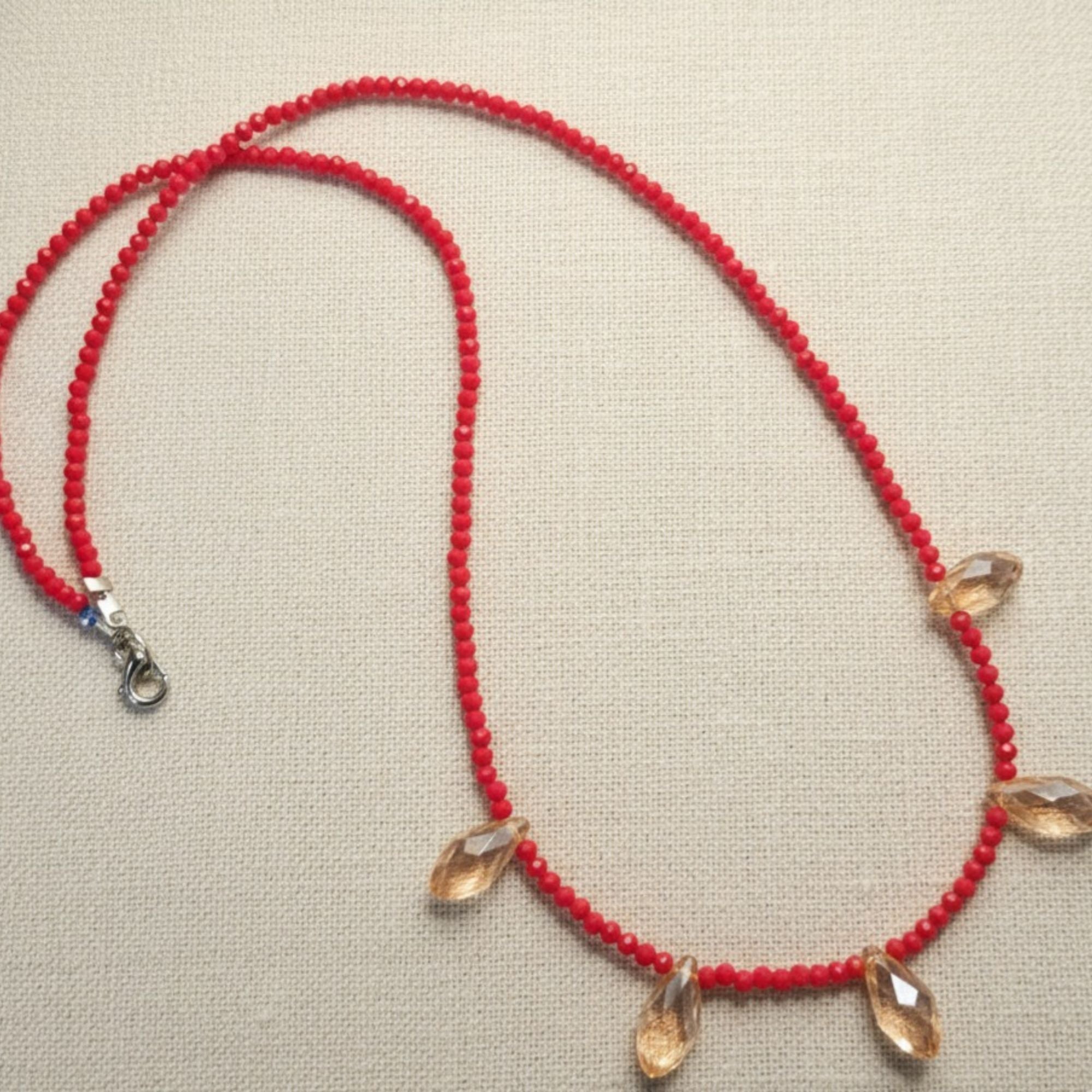 Red Glass Bead Necklace with Amber Drops – Rose Sunset