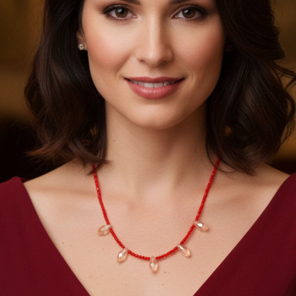 Red Glass Bead Necklace with Amber Drops – Rose Sunset