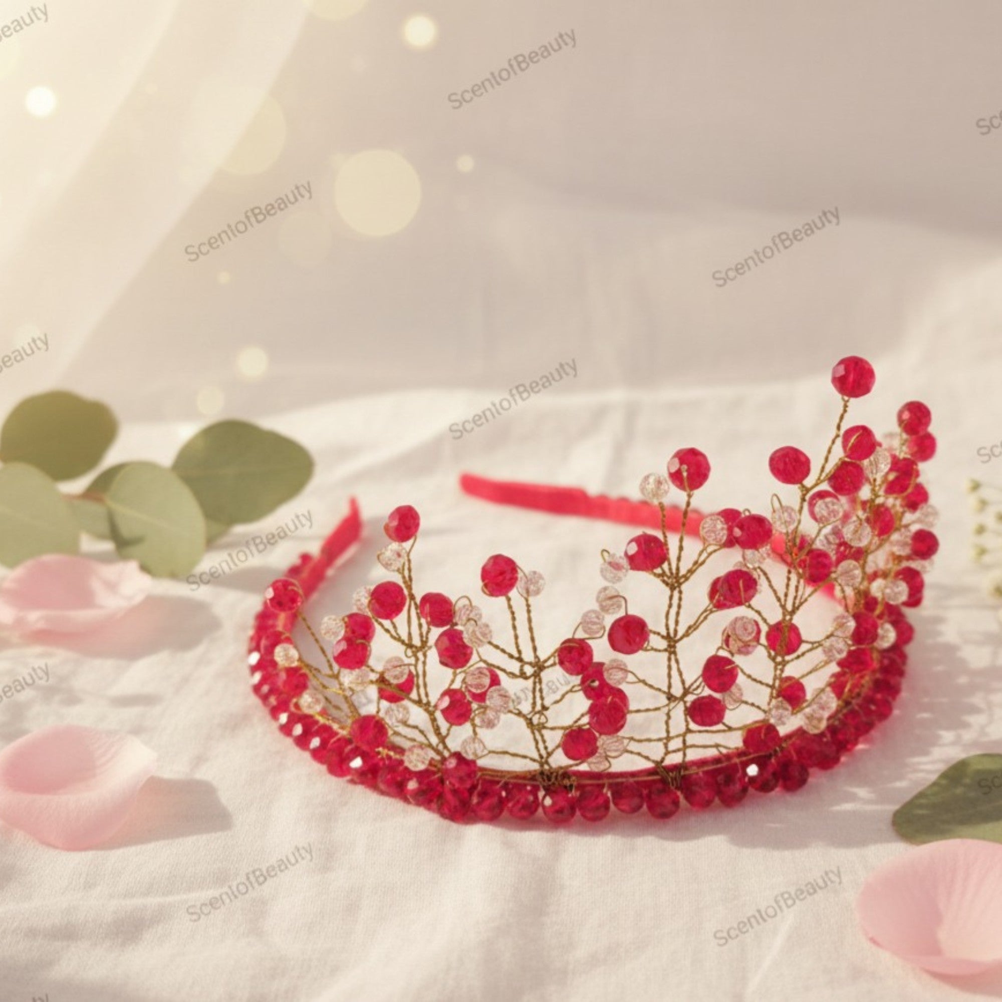 Red Crystal & Gold Wire Bridal Crown – Handmade Wedding Hair Accessory – Golden Blossom