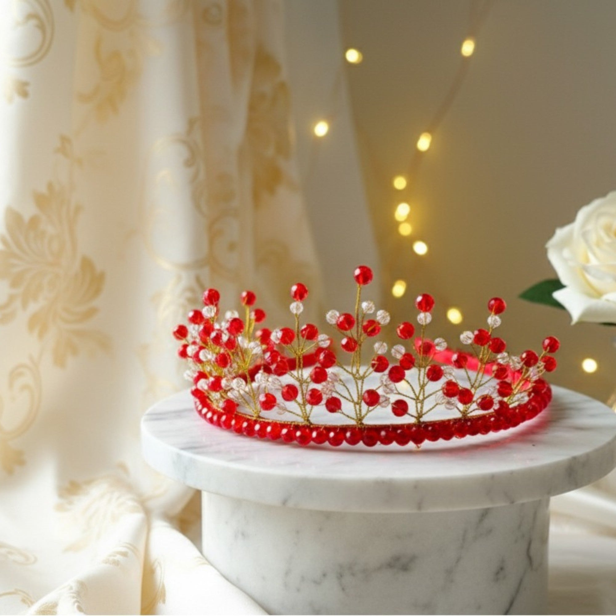 Red Crystal & Gold Wire Bridal Crown – Handmade Wedding Hair Accessory – Golden Blossom