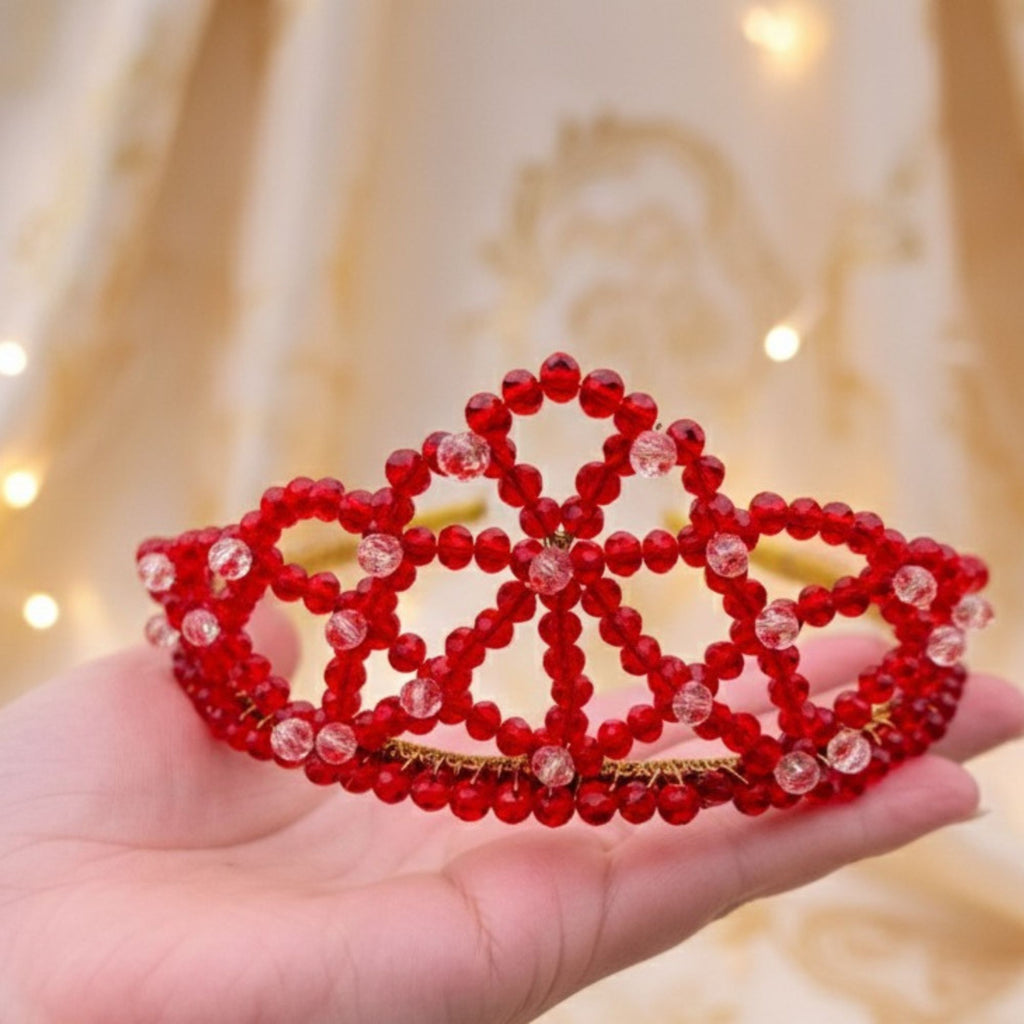 Red & Gold Beaded Bridal Crown – Handmade Royal Statement Hair Accessory – Red Queen