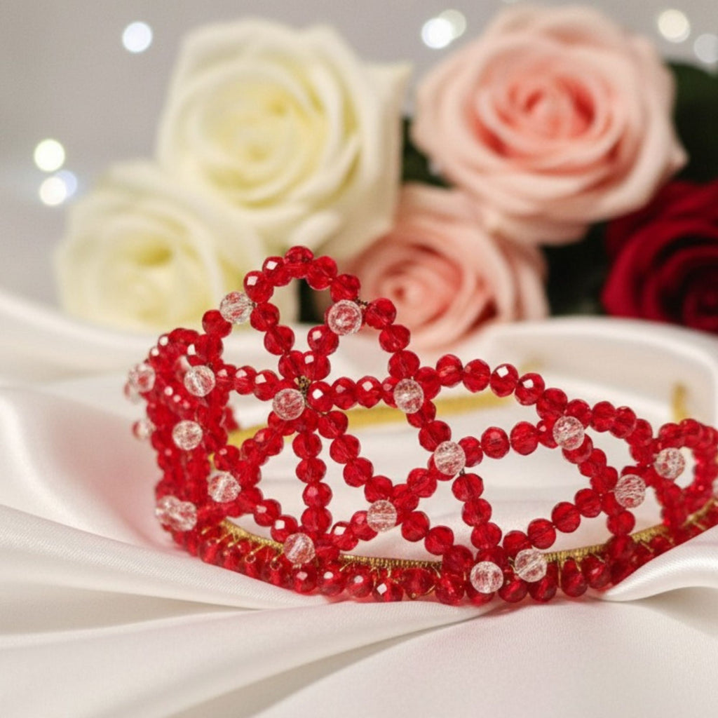 Red & Gold Beaded Bridal Crown – Handmade Royal Statement Hair Accessory – Red Queen
